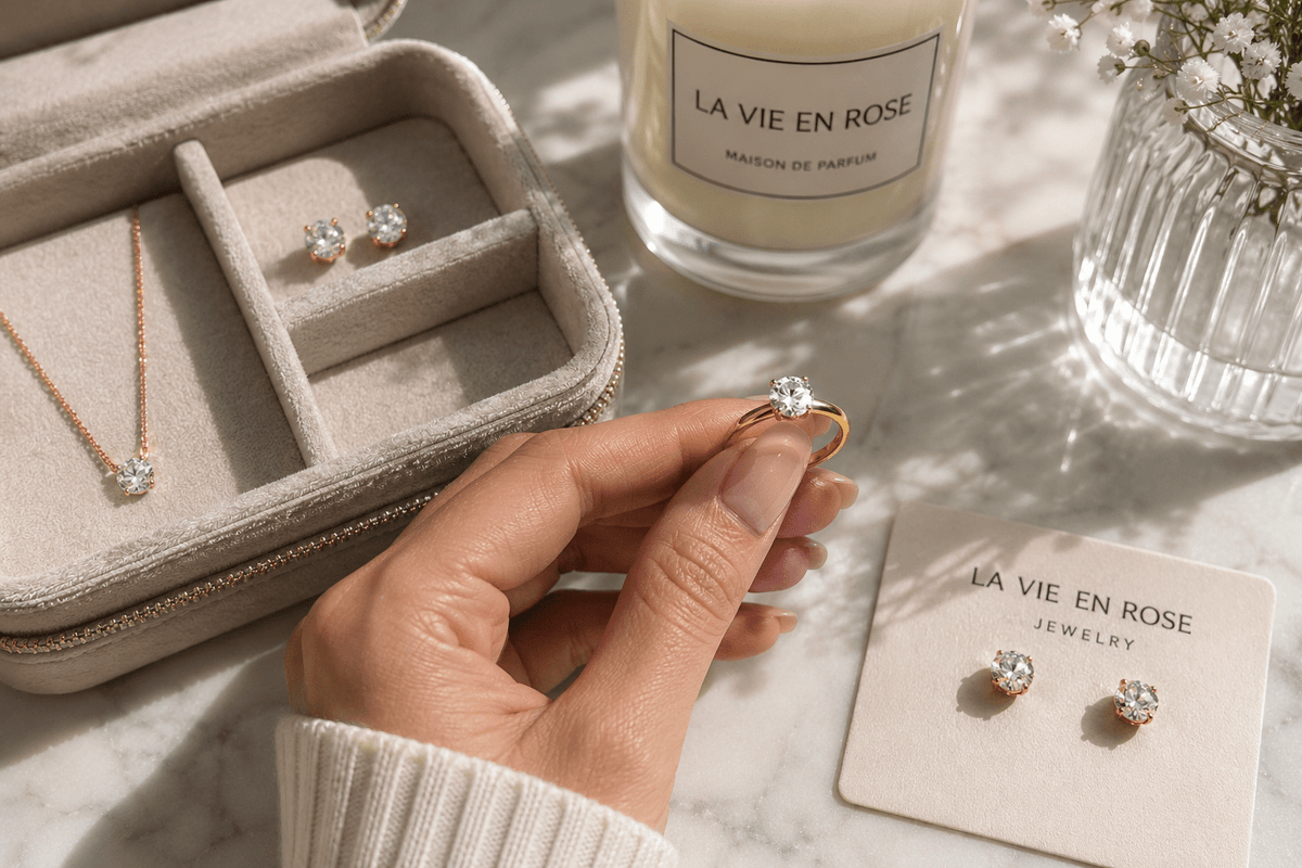 CZ stud earrings, a CZ ring, and a CZ pendant necklace displayed in a jewelry travel case alongside a La Vie en Rose candle and earring card.