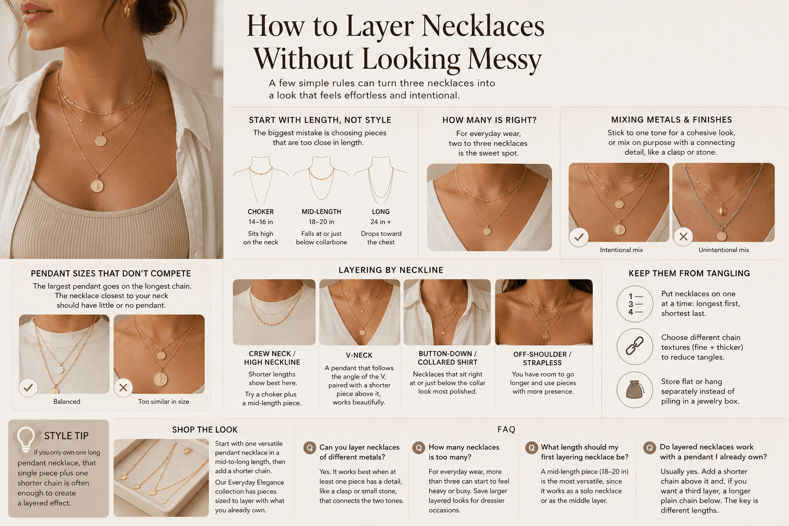 Infographic showing how to layer necklaces: choker, mid-length, and long chain length guide, pendant sizing tips, and neckline pairing examples.