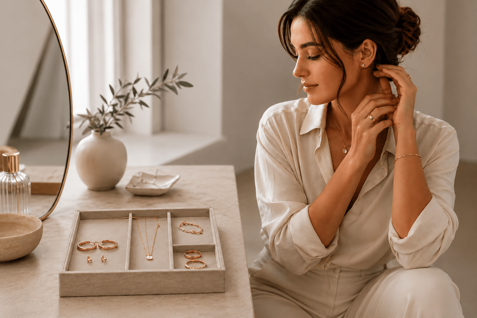 A woman putting on gold stud earrings at a vanity table next to a tray of everyday gold jewelry: hoops, a pendant necklace, bracelets, and stacking rings.