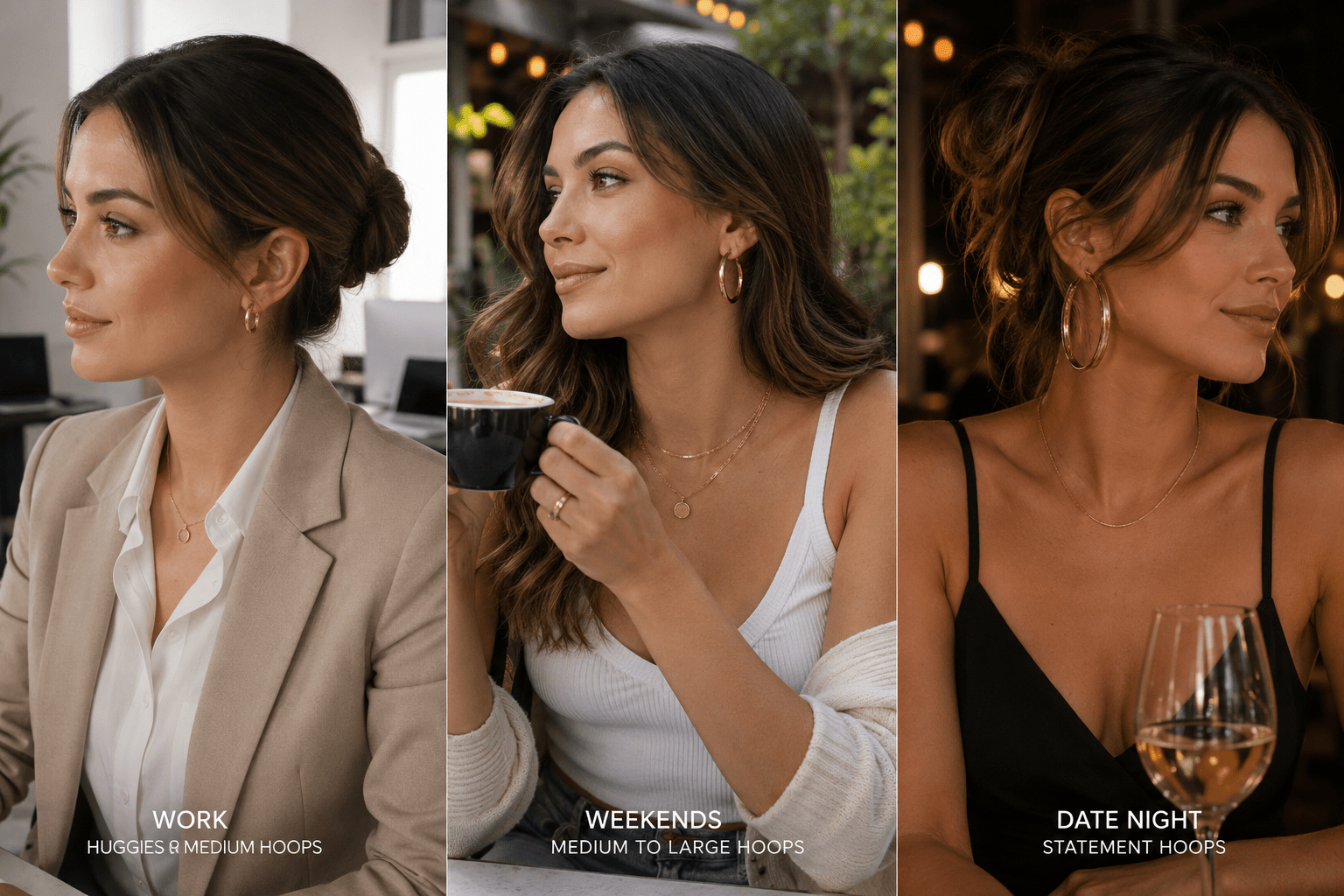 Three women wearing gold hoop earrings sized for different occasions: small huggies for work, medium hoops for weekends, and large statement hoops for date night.