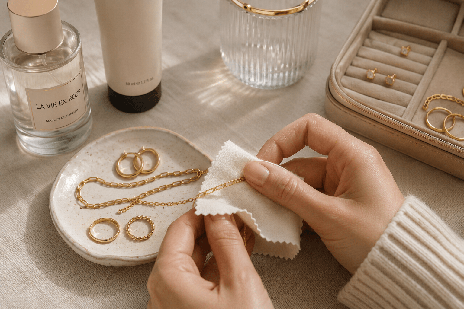 Hands polishing 18K gold-plated hoop earrings, a chain bracelet, and rings with a soft cleaning cloth on a jewelry dish.