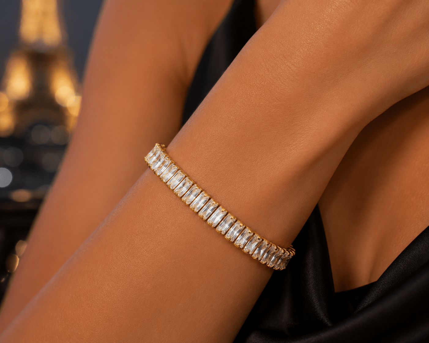 Woman wearing the Simona Tennis Bracelet
