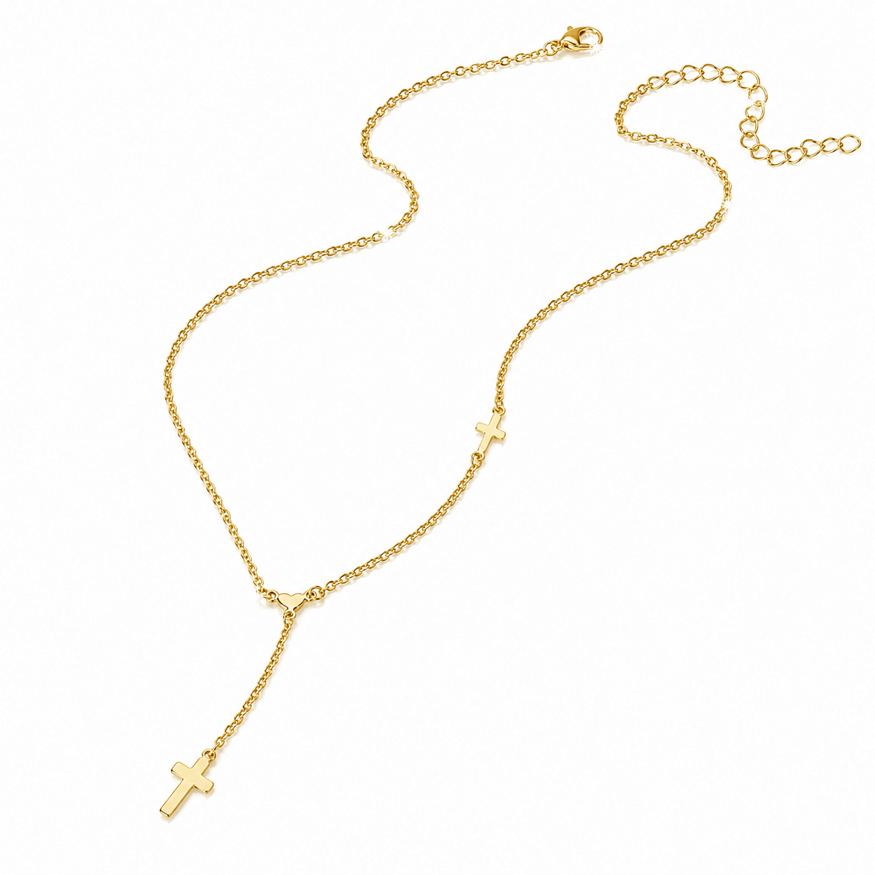 A delicate gold Y-necklace featuring a main chain with a small cross pendant and a smaller cross charm, displayed on a clean white background.
