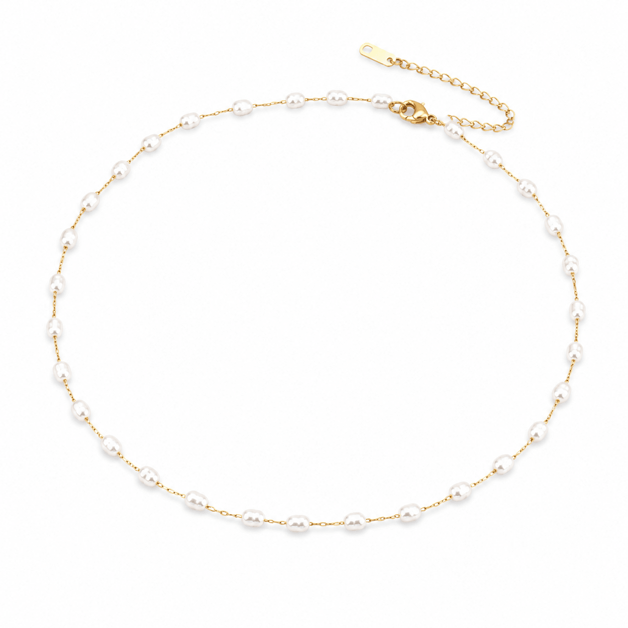 A delicate gold chain necklace featuring small, evenly spaced white freshwater pearls, displayed on a clean white background.