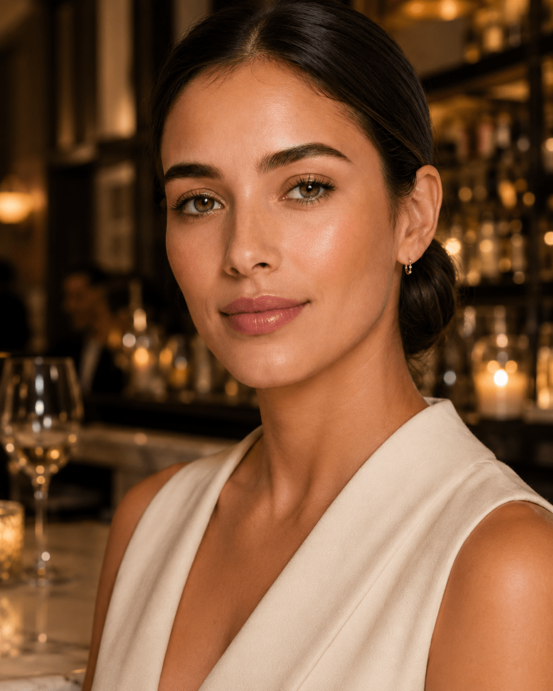 A woman wearing a small gold hoop earring, photographed in a warmly lit restaurant setting.