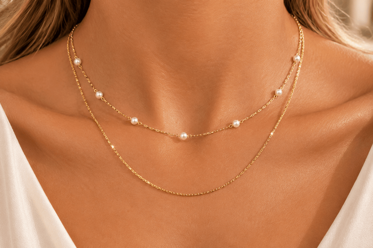 Elodie Gold Pearl Station Necklace, close-up detail of both strands