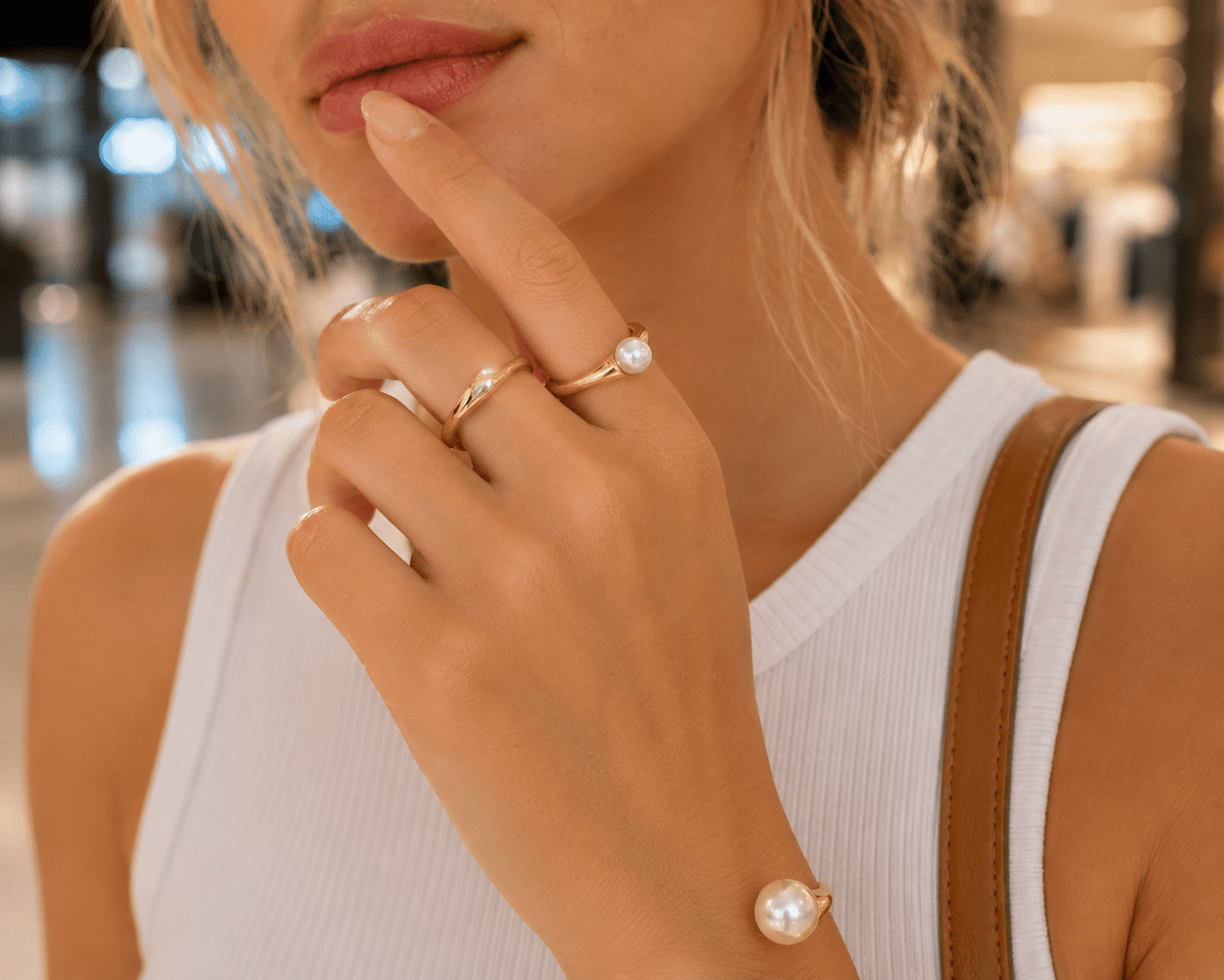 Woman wearing the Romy Pearl Open Ring