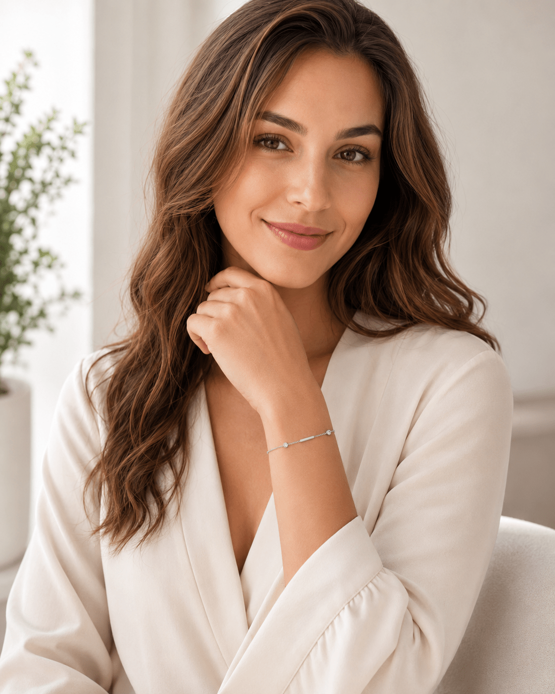 Woman wearing the Lumina Silver Bar Station Bracelet