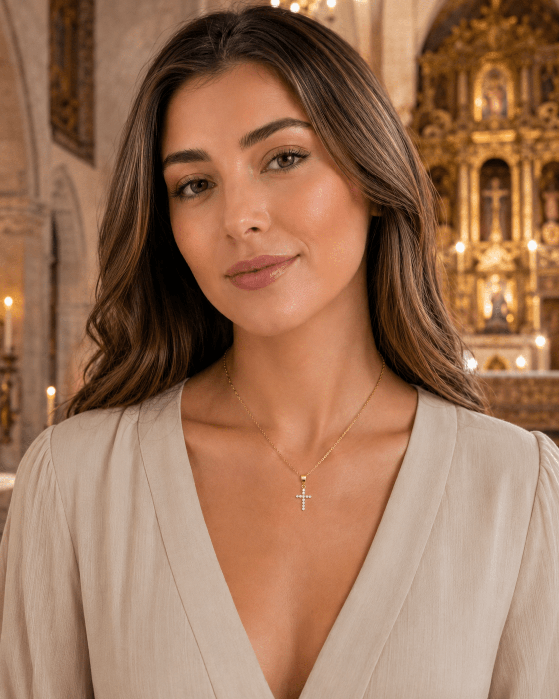 A woman with long brown hair wearing a delicate gold cross pendant necklace and a beige V-neck top, posing in front of a softly blurred ornate cathedral interior.