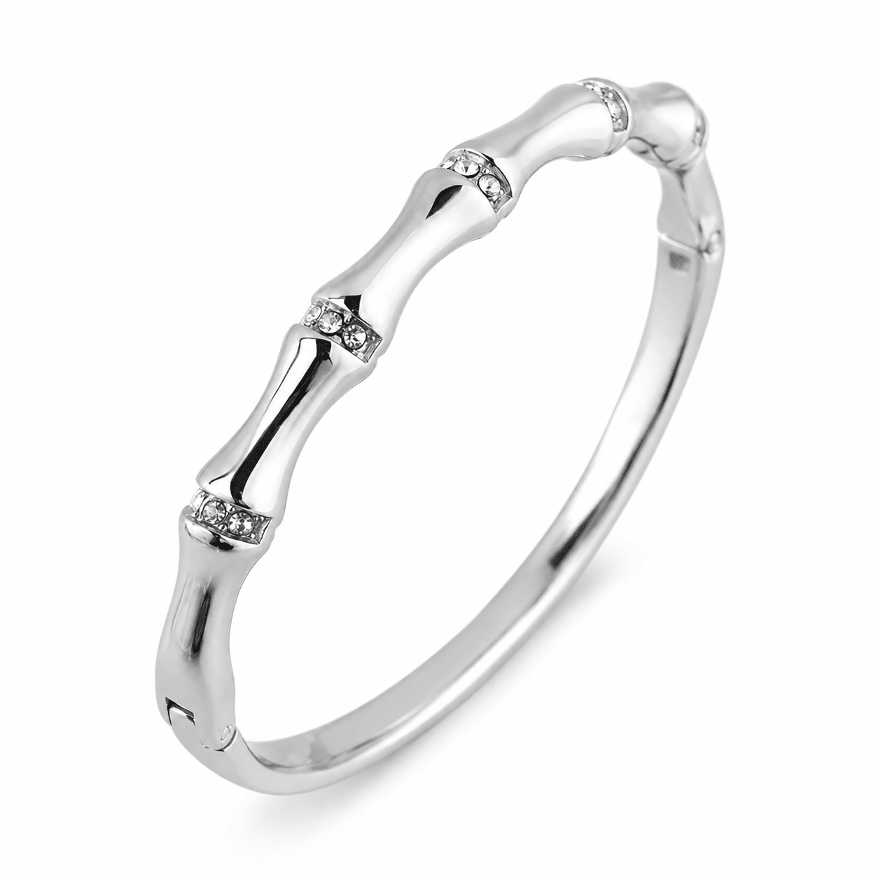 Side view of Elisa Gold Bamboo Crystal Bangle showing the hinged closure