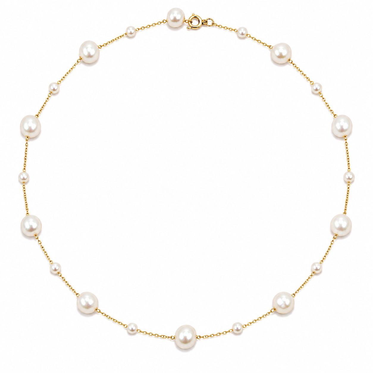 A delicate gold chain necklace featuring a series of white freshwater pearls of varying sizes, arranged in a circular layout on a solid white background.
