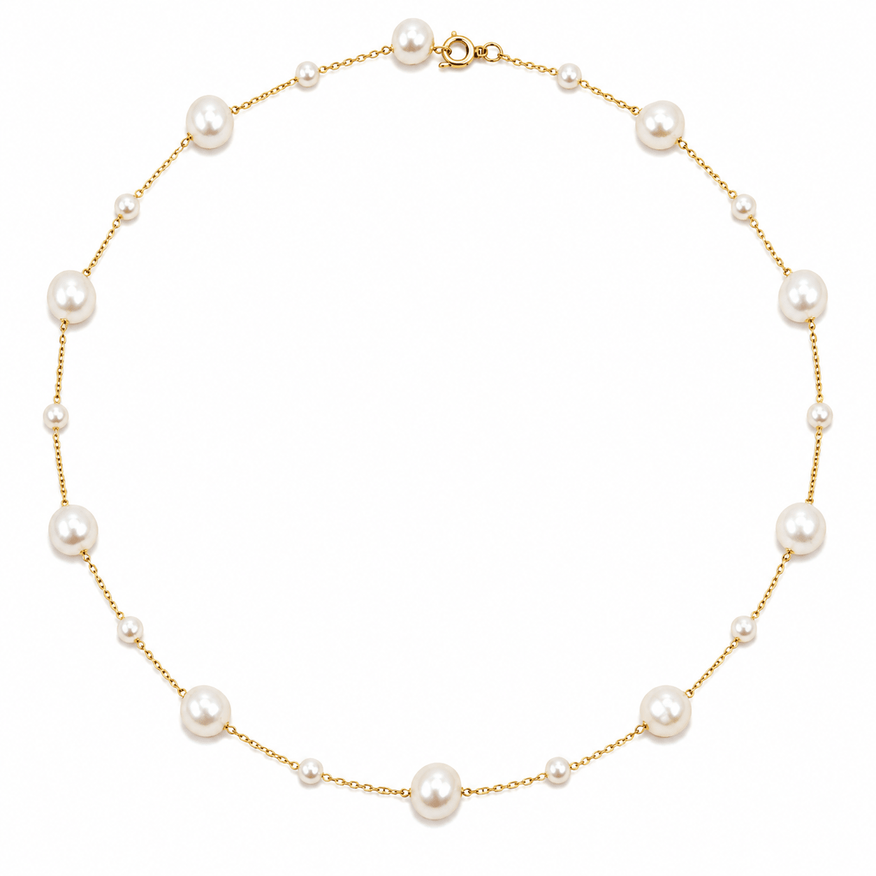 A delicate gold chain necklace featuring a series of white freshwater pearls of varying sizes, arranged in a circular layout on a solid white background.