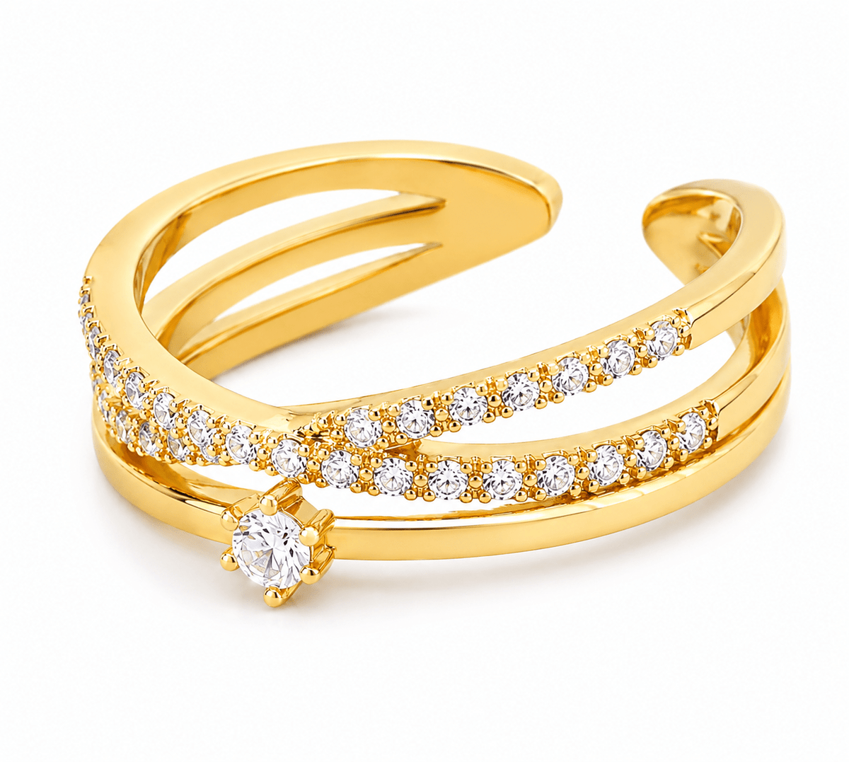 A gold open cuff ring featuring multiple rows of small clear pavé stones and a single round-cut center stone, shown on a clean white background.