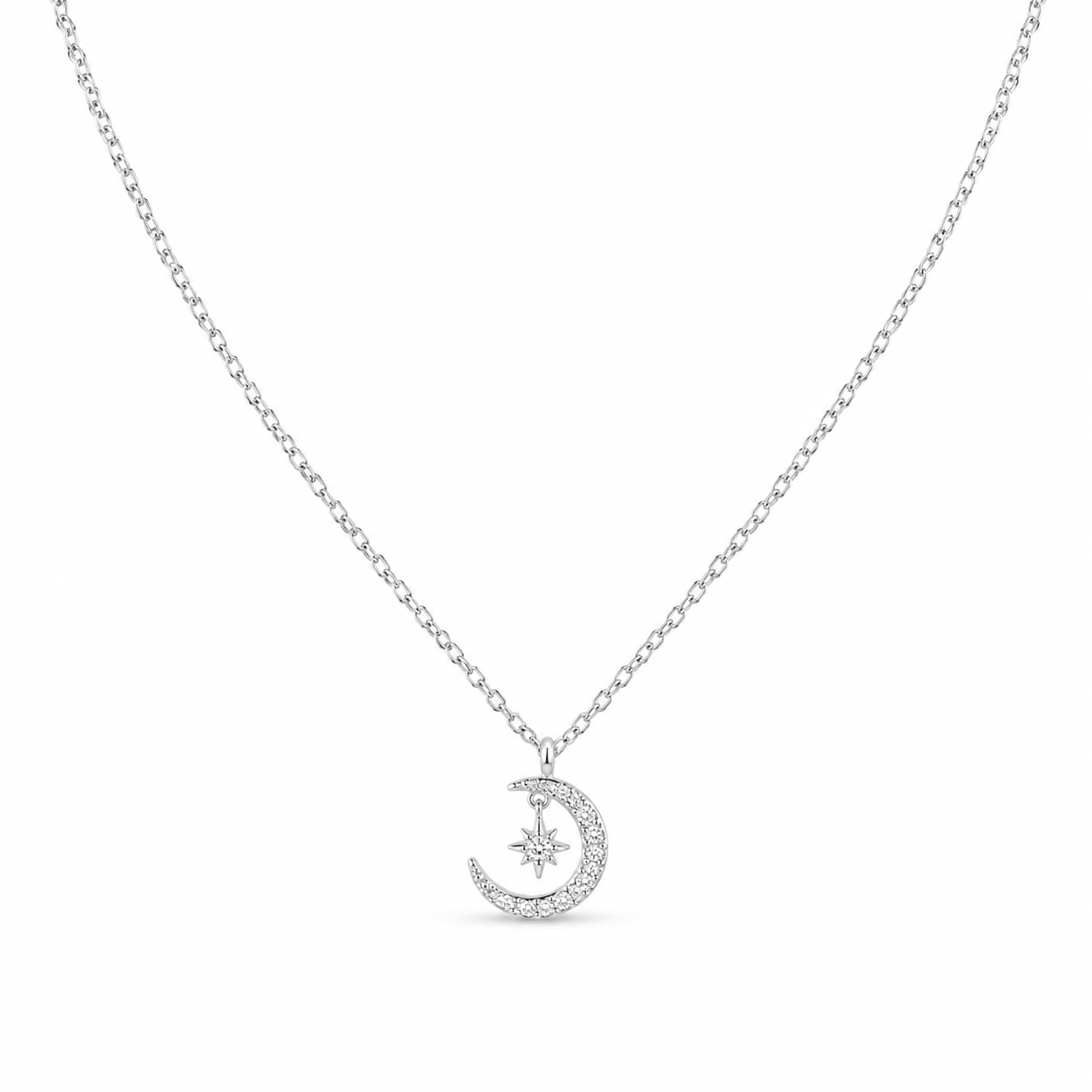 Margot Silver Star and Crescent Moon Necklace, front view