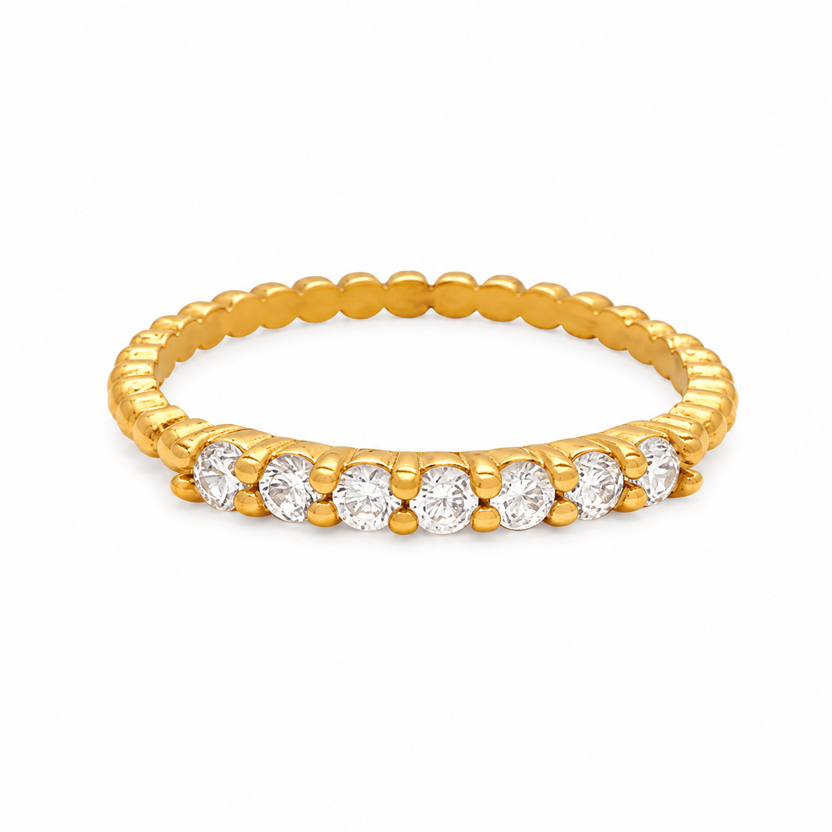 Lonnie gold crystal thin band ring with beaded texture, front view
