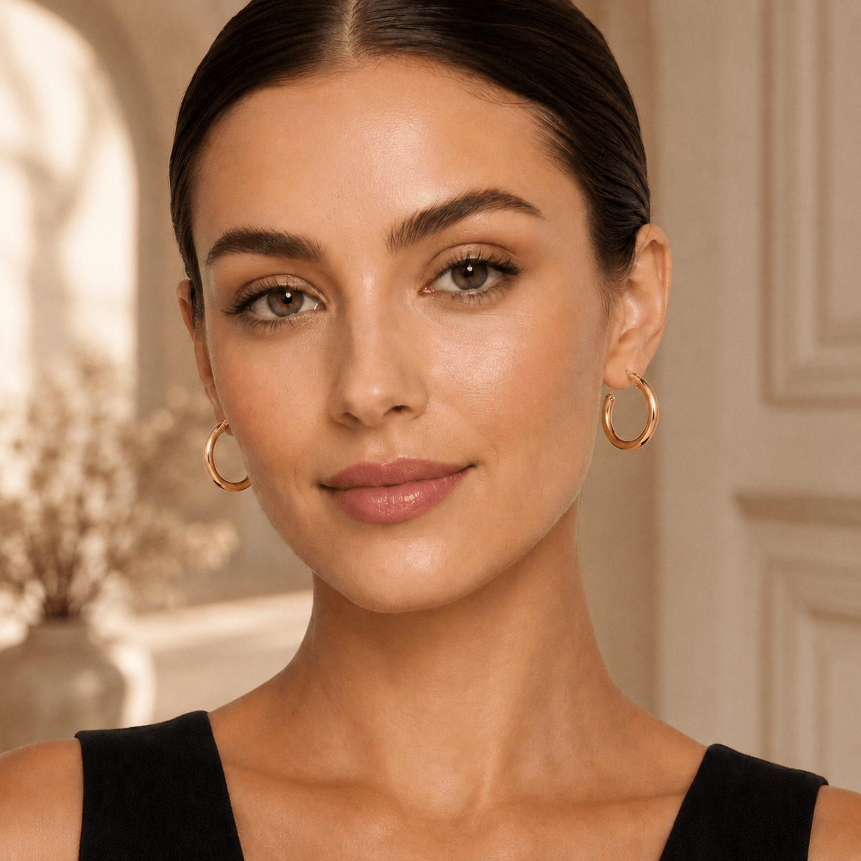 Close-up of Marisol Gold Tube Hoop Earrings showing the tube hoop design