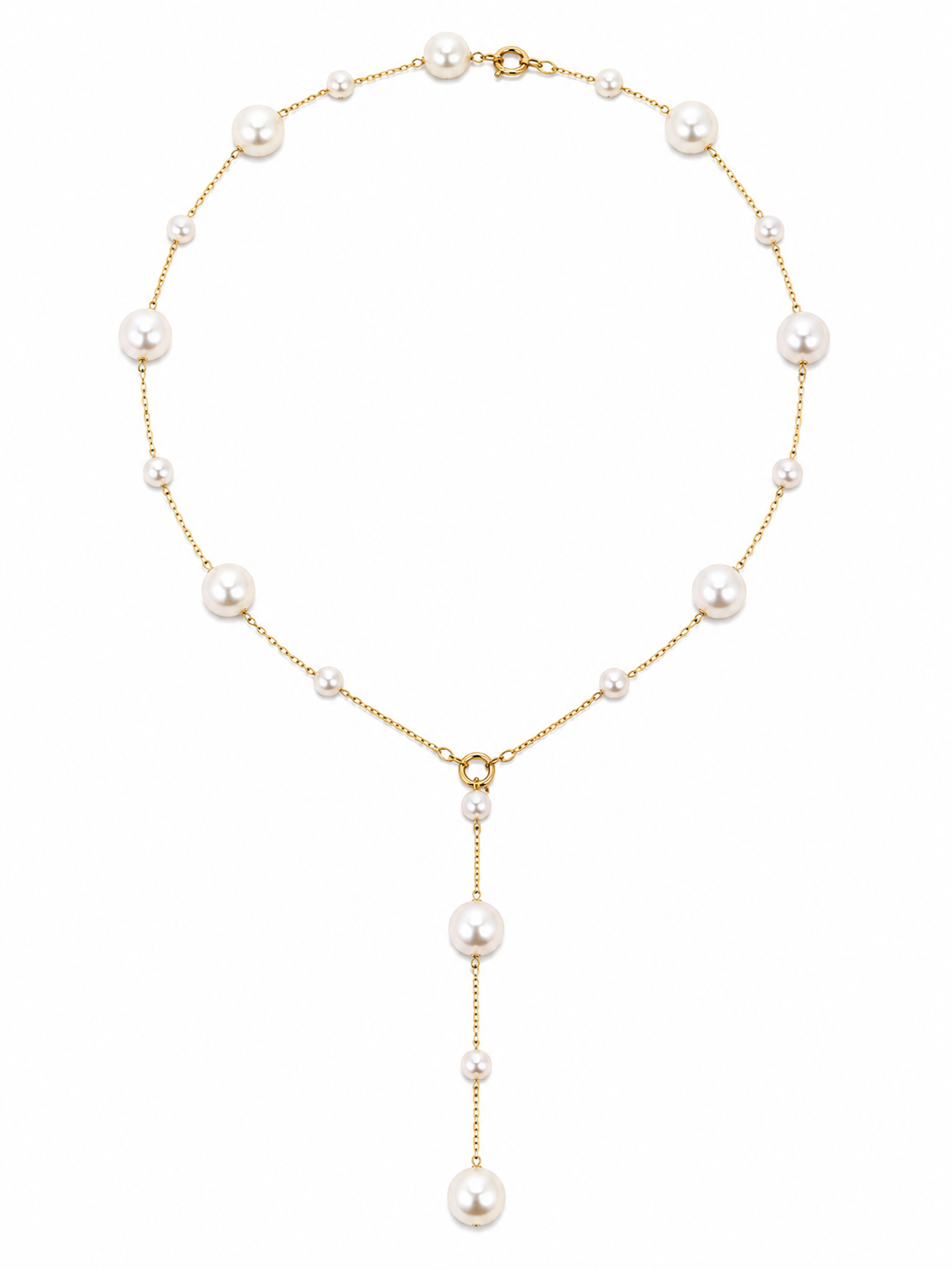 A gold Y-necklace featuring white freshwater pearls of varying sizes, displayed on a clean white background.