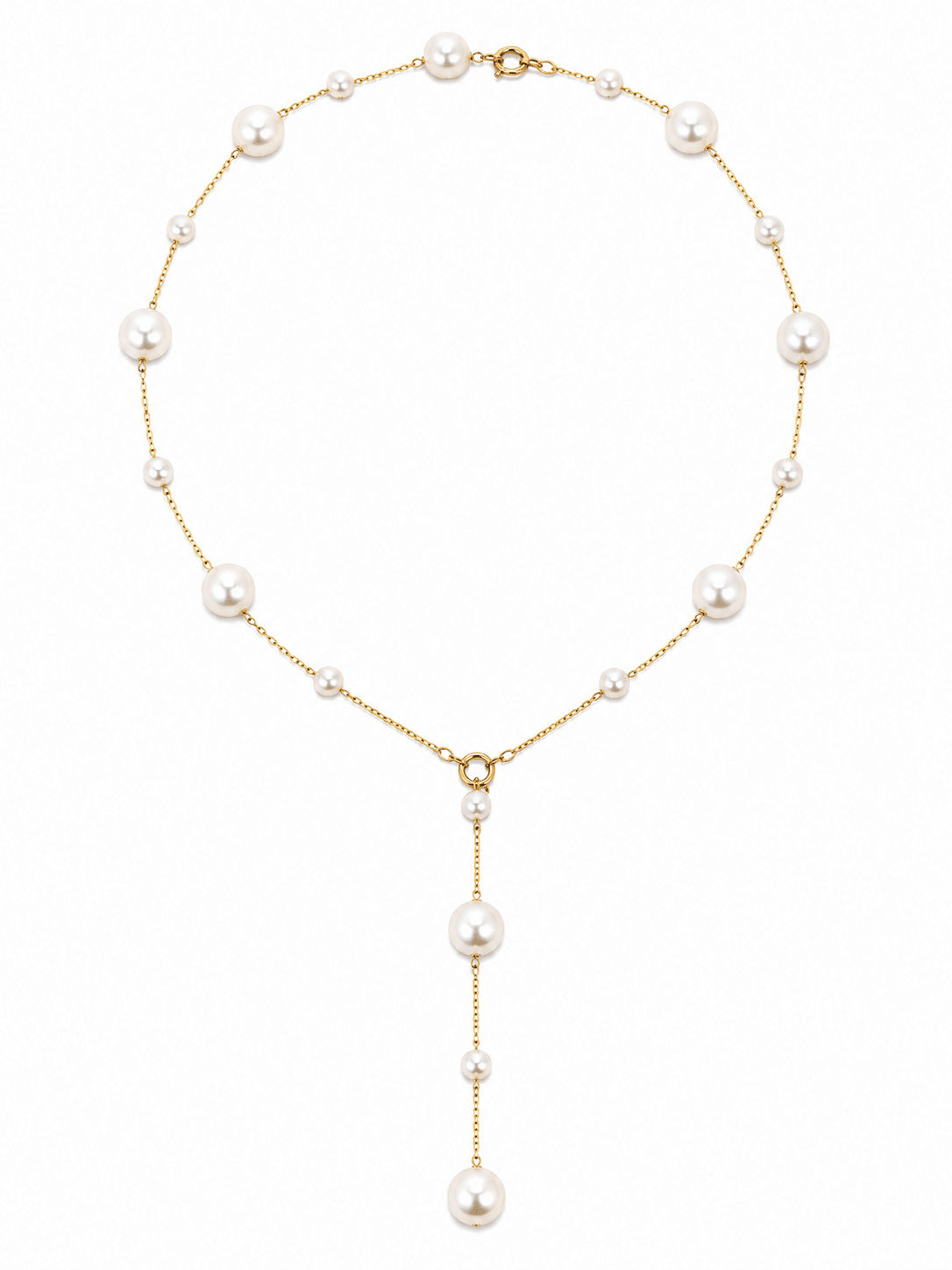 A gold Y-necklace featuring white freshwater pearls of varying sizes, displayed on a clean white background.
