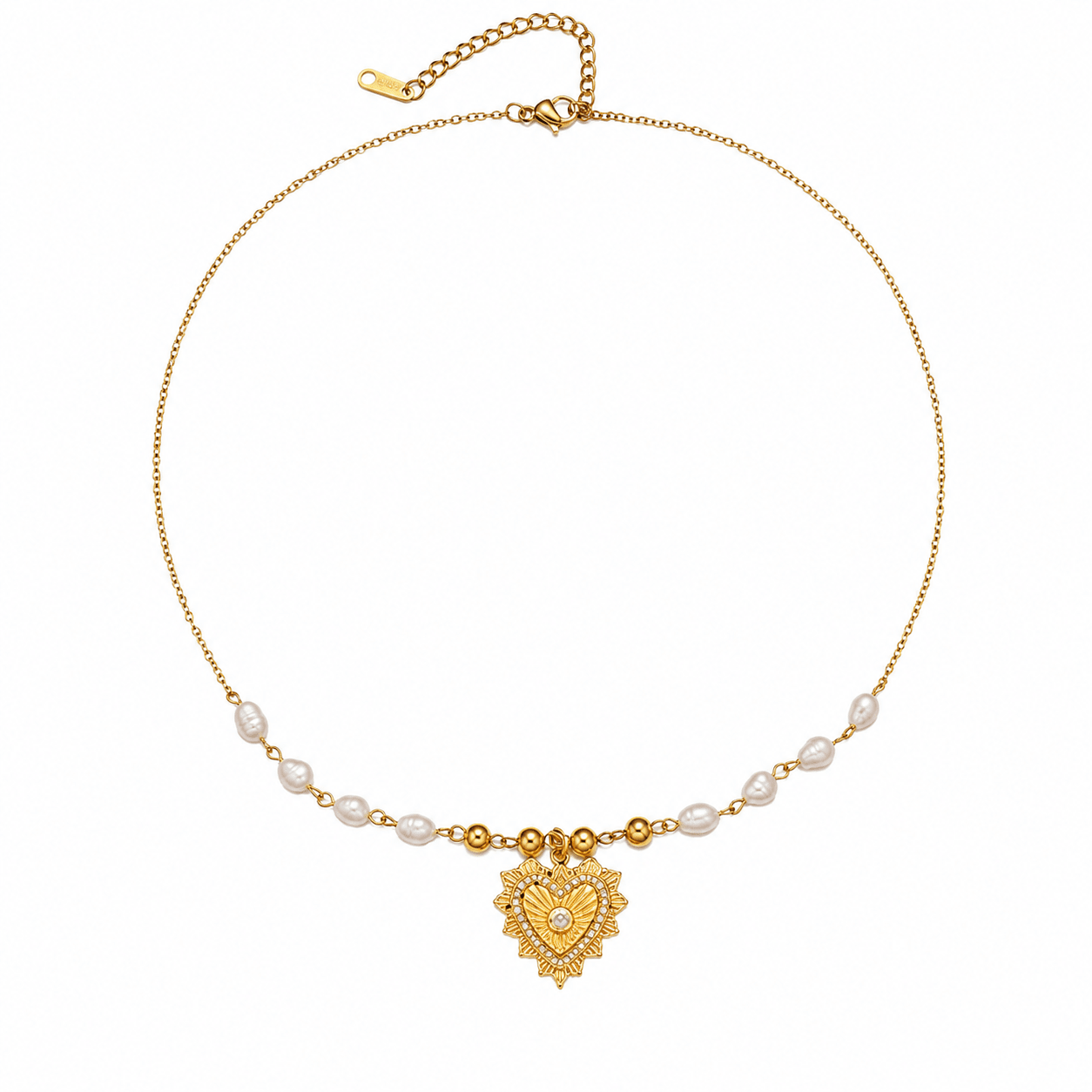 Ava gold necklace with freshwater pearls and heart pendant, front view