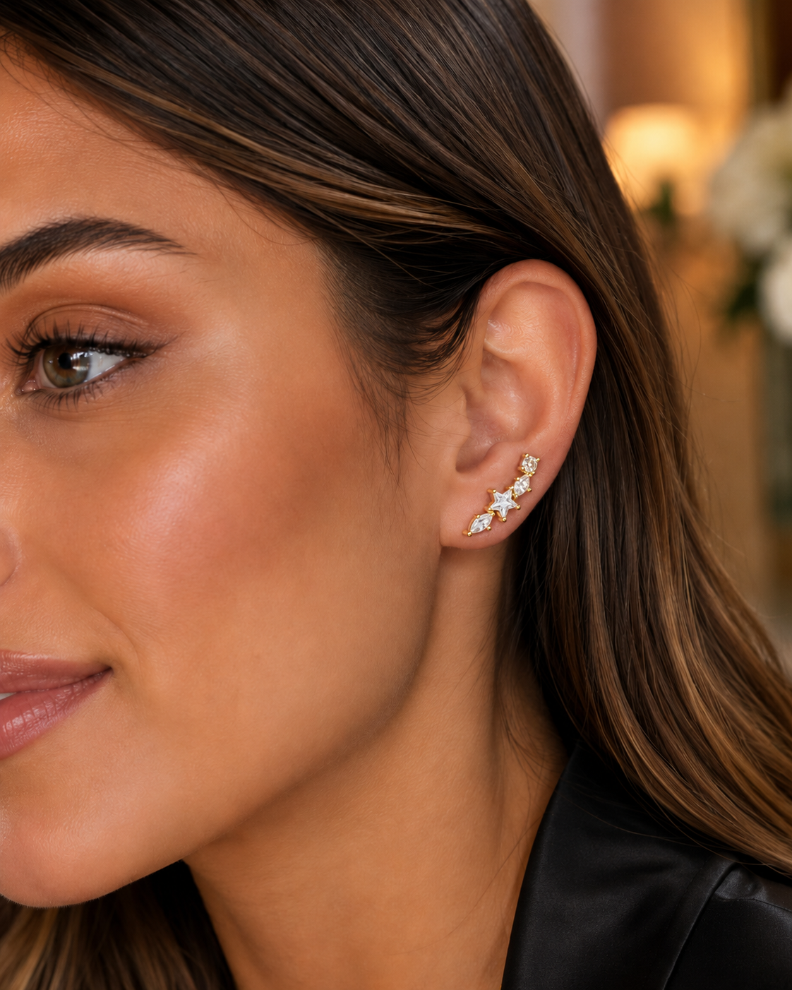 Celeste Gold Crystal Ear Climber Earrings, styled