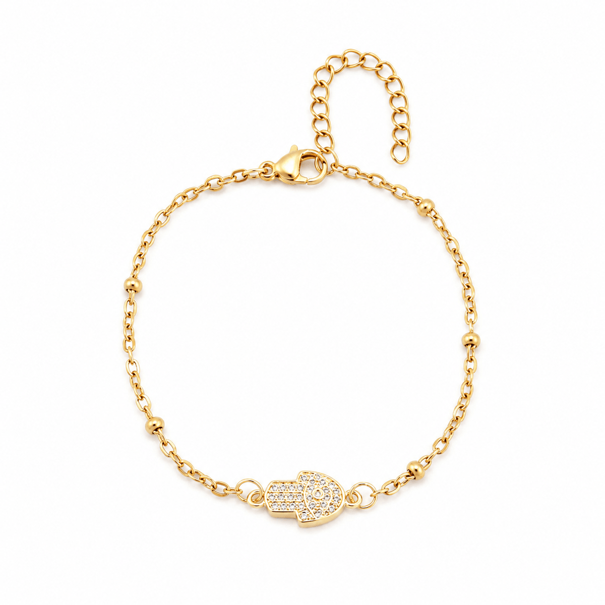 Ruby gold Hamsa charm bracelet with a CZ-set Hamsa hand pendant, front view