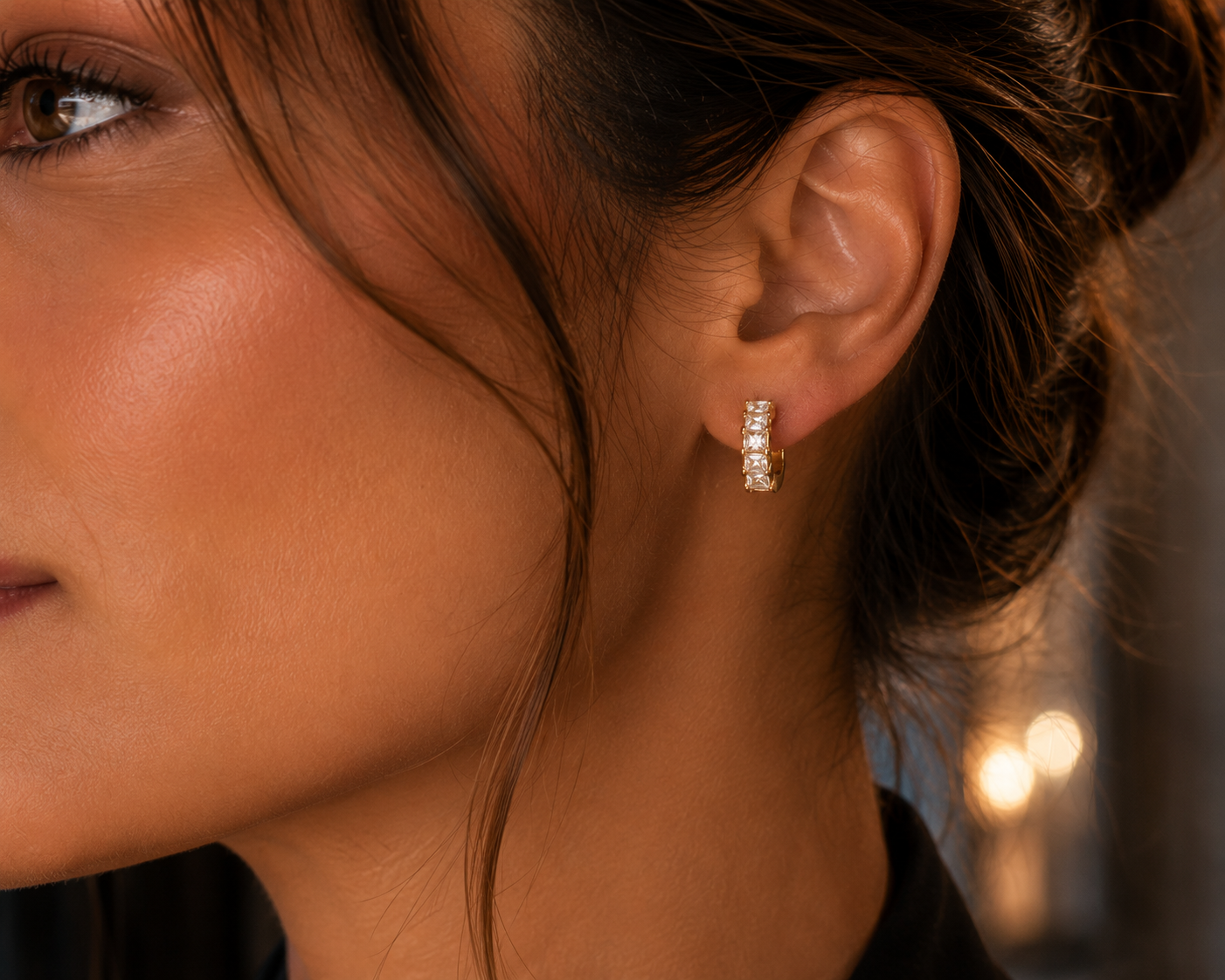 Noor Crystal Bar Hoop Earrings, styled