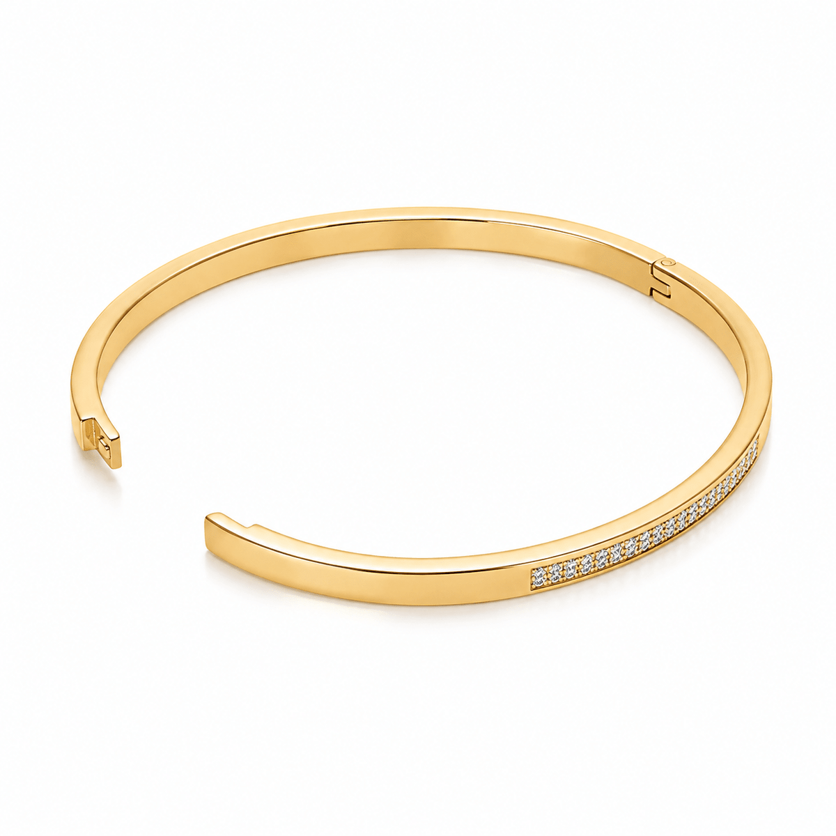 Side view of Hadley Gold Round Bangle Bracelet showing the clasp