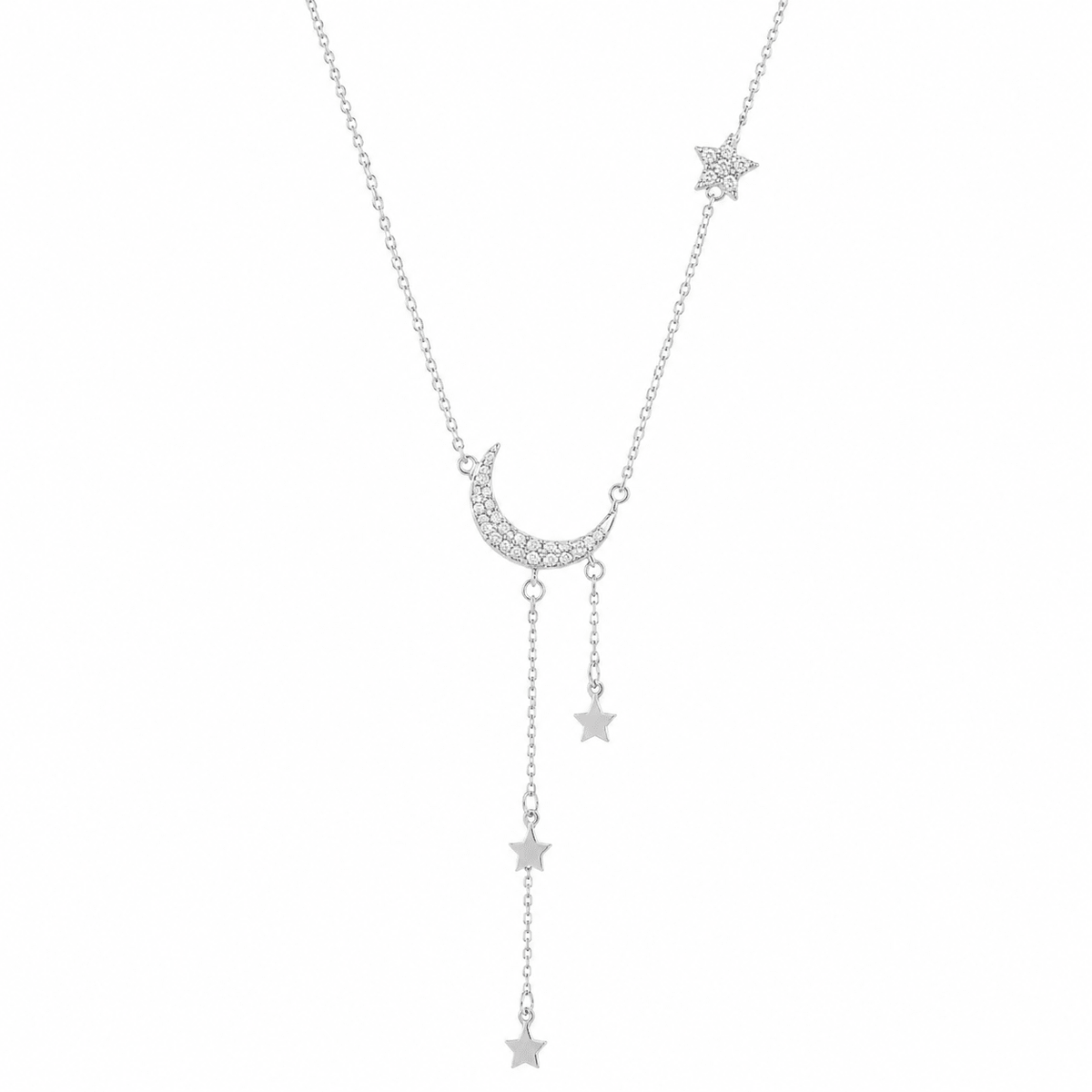 Naomi Silver Star and Moon Tassel Necklace, front view
