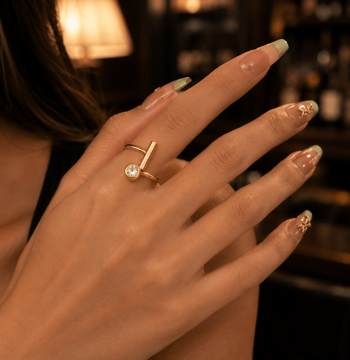 Fabienne Gold Bar Open Ring, worn on model, close-up detail