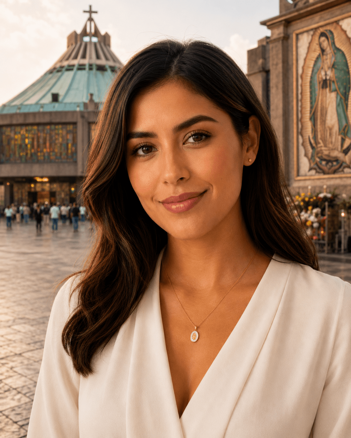 A woman wearing the Guadalupe Gold Pearl Necklace, photographed outside a basilica plaza.