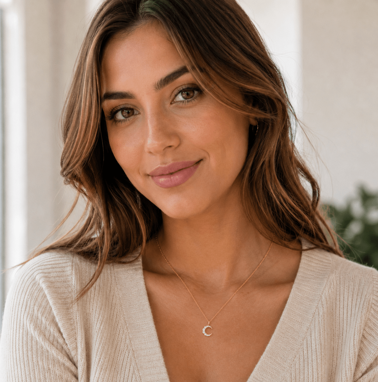A woman with wavy brown hair wearing a delicate gold crescent moon necklace and a beige ribbed V-neck top, shown in a bright, softly lit indoor setting.