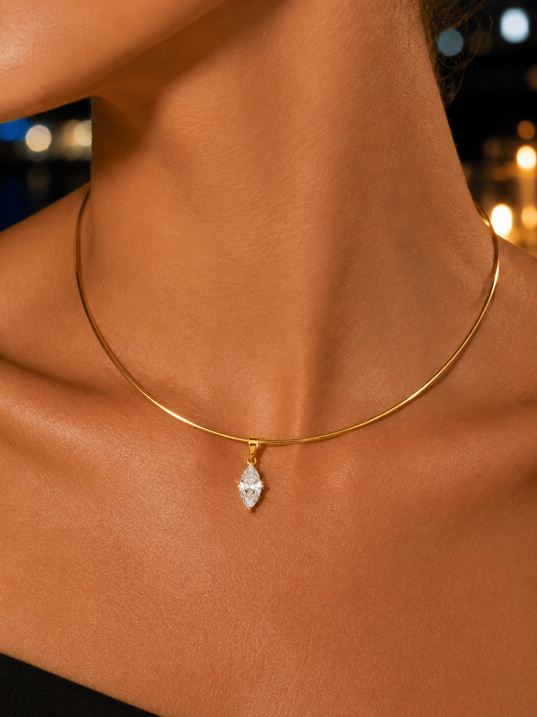Woman wearing the Marielle Gold Marquise Crystal Wire Choker