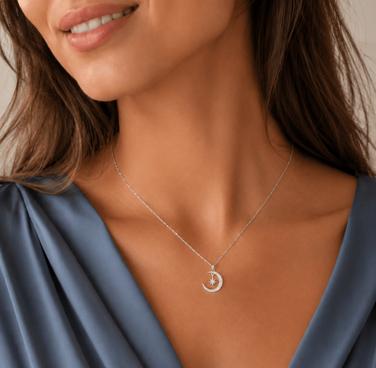 Woman wearing the Margot Silver Star and Crescent Moon Necklace