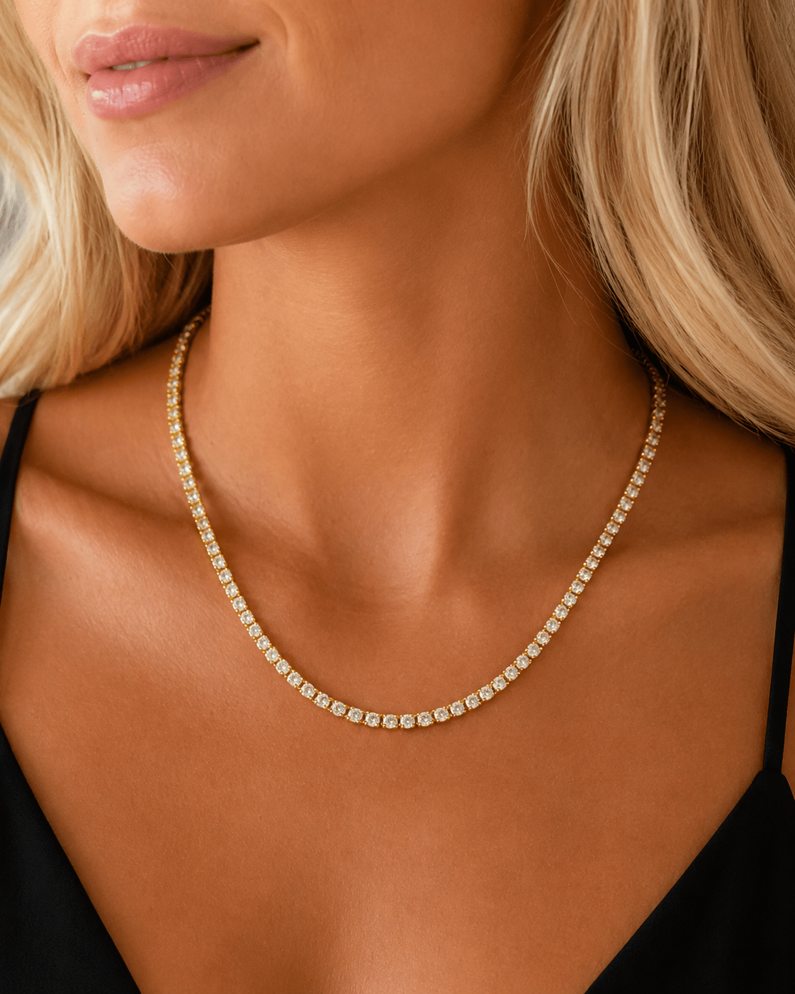 Side view of Mallory Gold Crystal Tennis Necklace showing the clasp