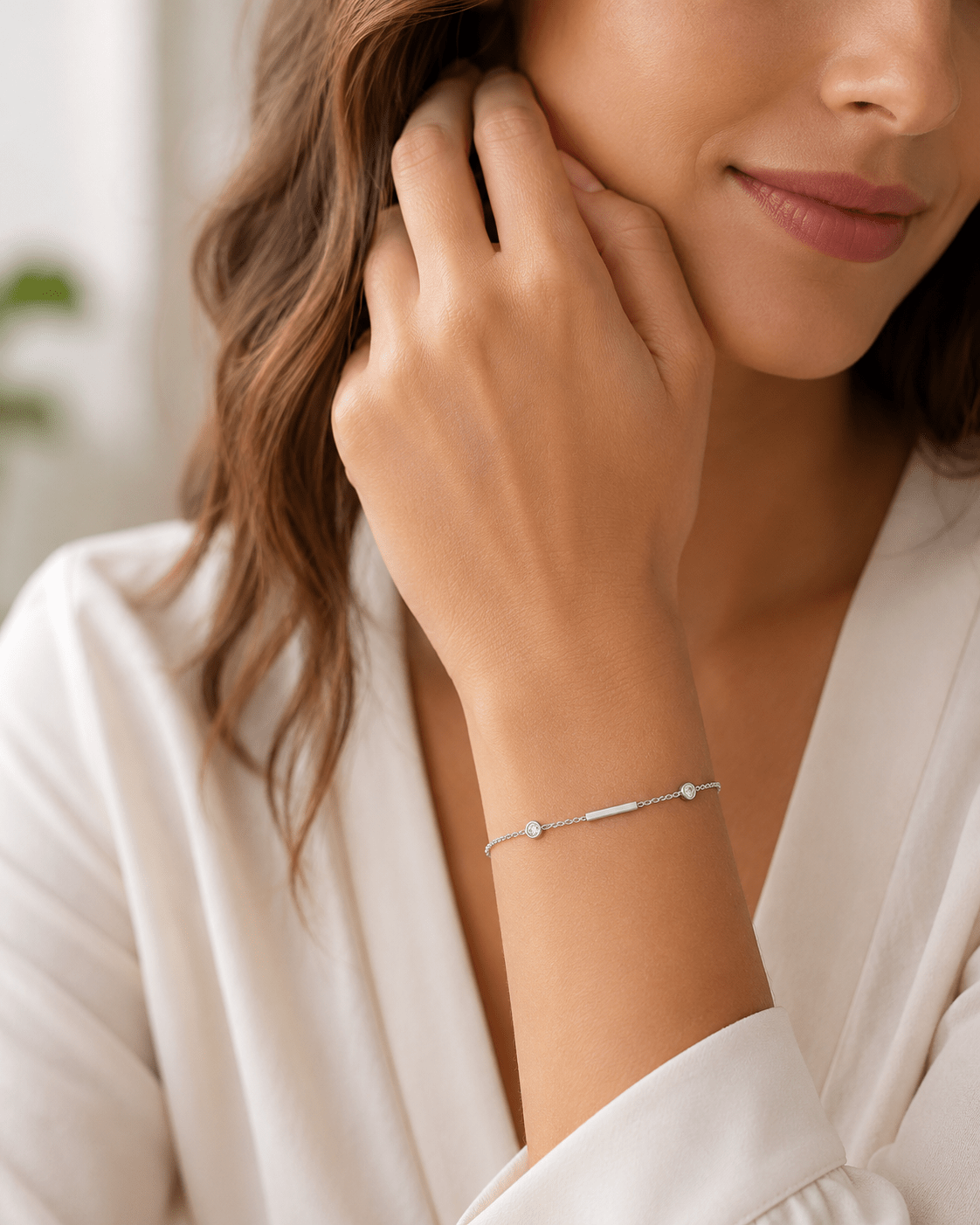 Close-up of Lumina Silver Bar Station Bracelet showing the bar stations