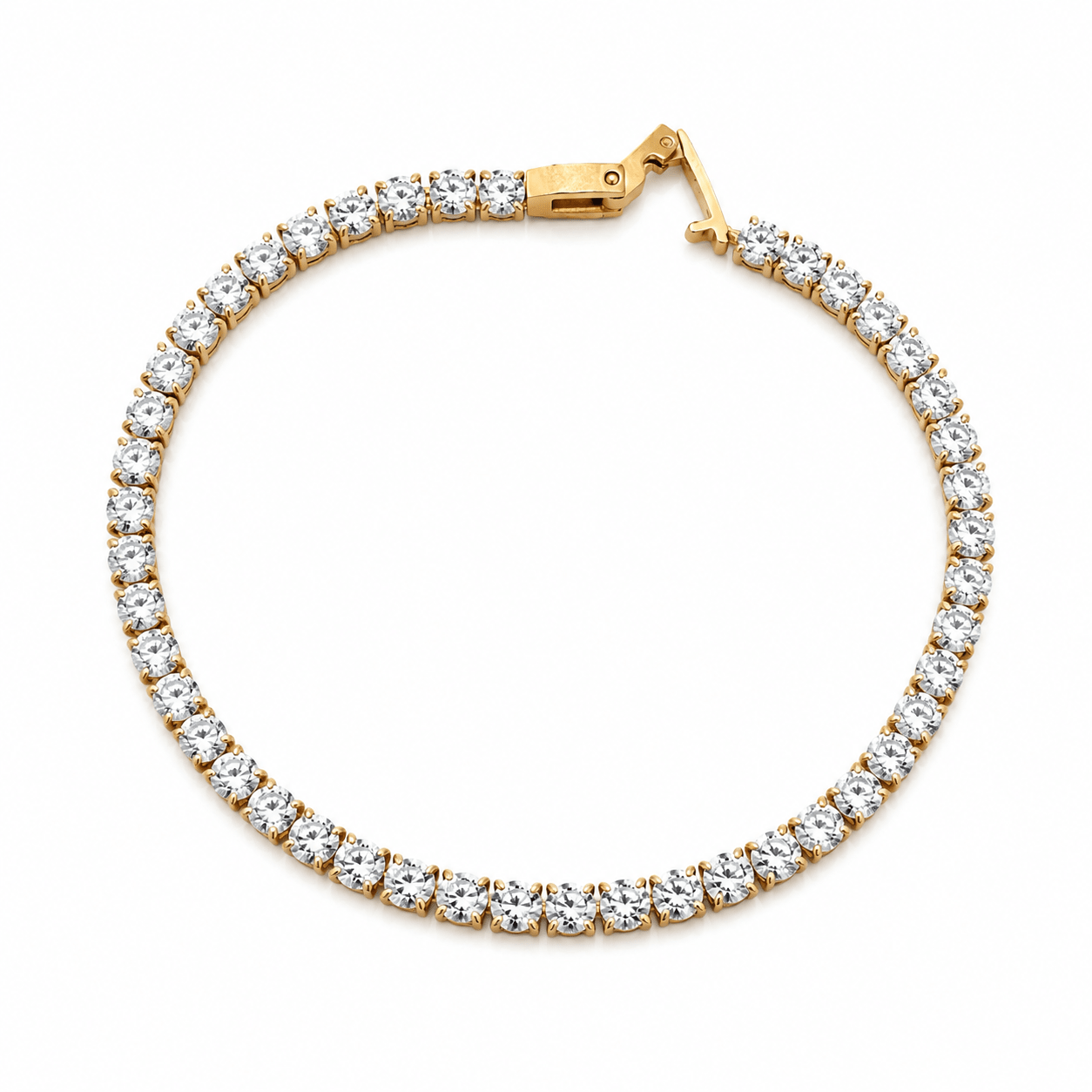 Ashleigh gold tennis bracelet with a continuous row of white CZ crystals, close-up