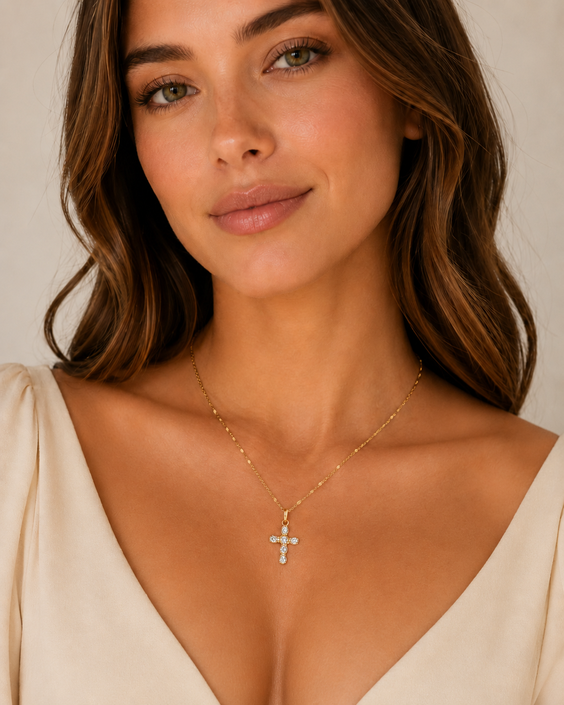 Catalina Gold Crystal Cross Necklace, detail