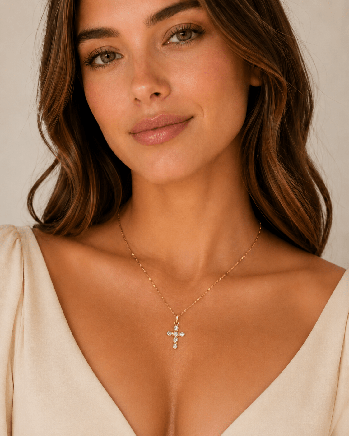 Close-up of Catalina Gold Crystal Cross Necklace showing the crystal cross pendant