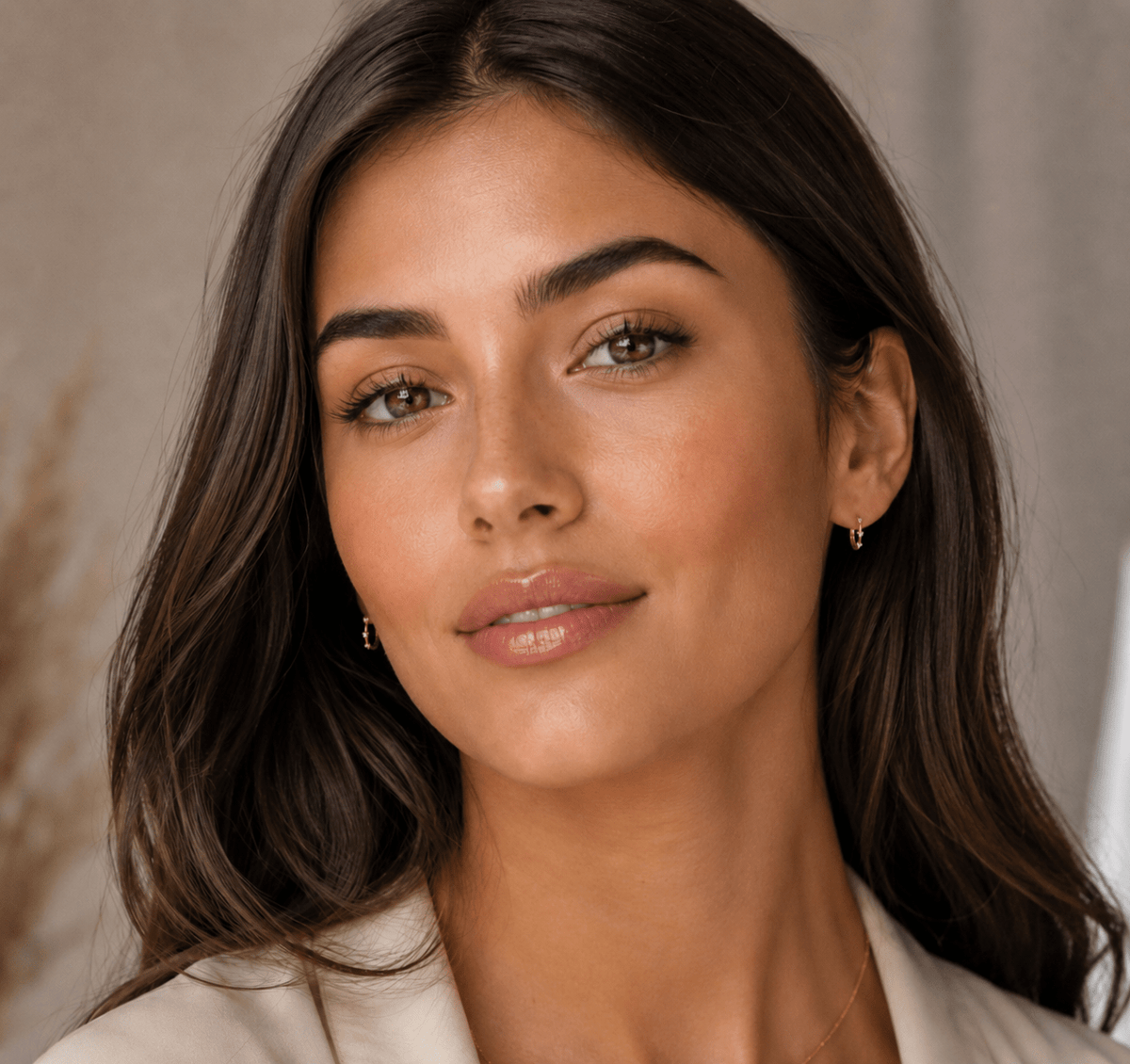 A woman with dark hair wearing small gold crystal huggie hoop earrings, close-up portrait shot.