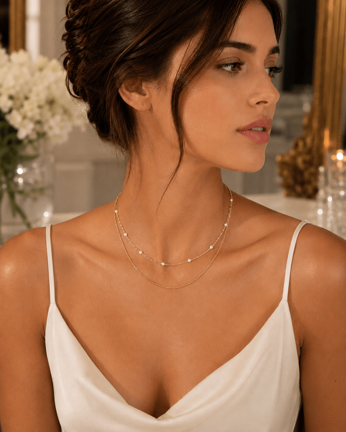 Elodie Gold Pearl Station Necklace worn on model