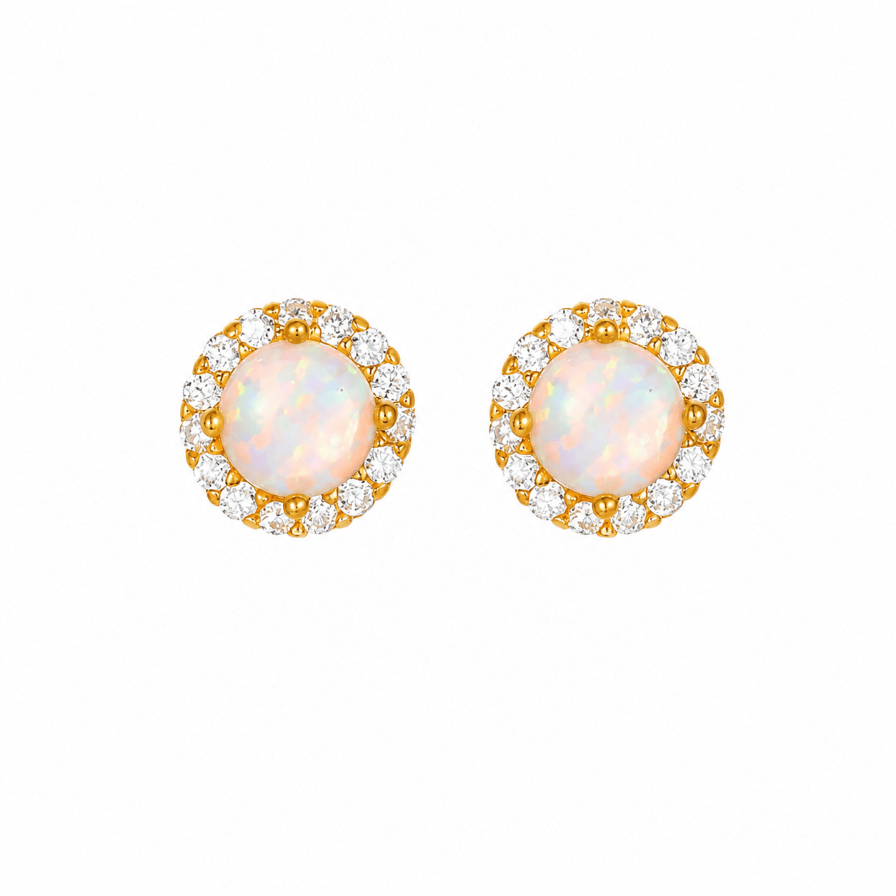Esme Gold Opal Halo Stud Earrings, product shot on a white background.