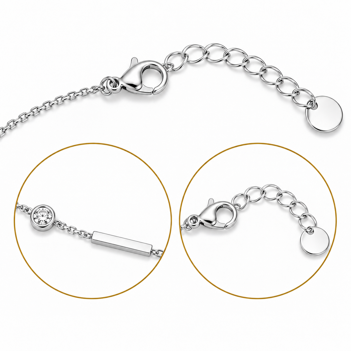 Lumina silver-tone bracelet with close-up details of a rectangular bar, round stone, lobster clasp and extender.