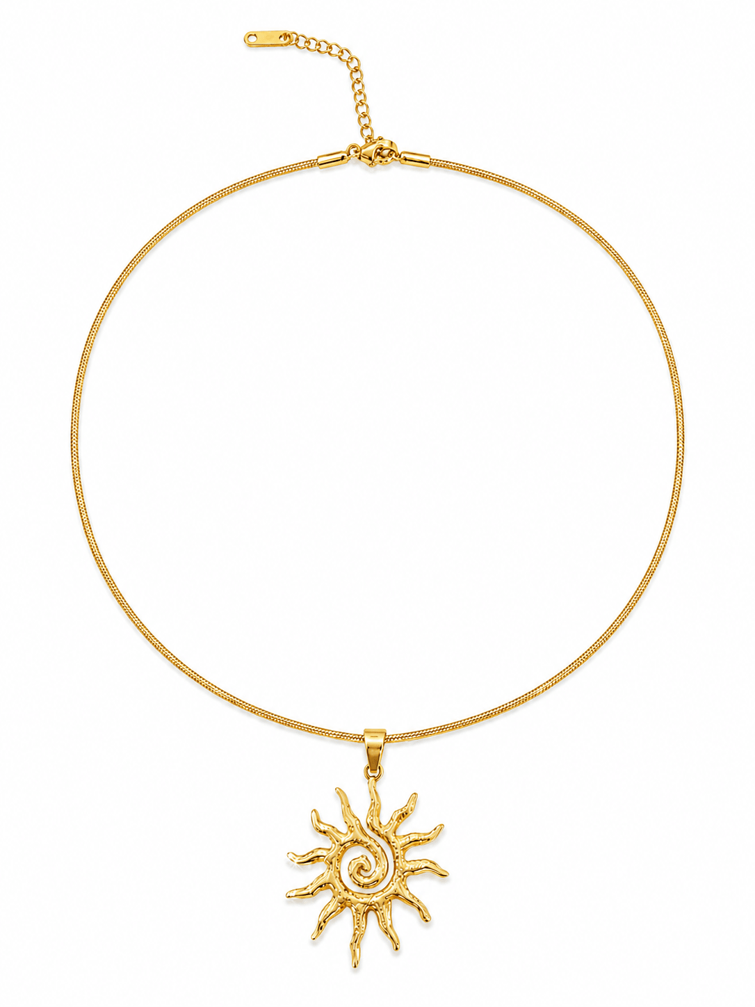A gold chain necklace with a textured spiral sun pendant, displayed on a clean white background.