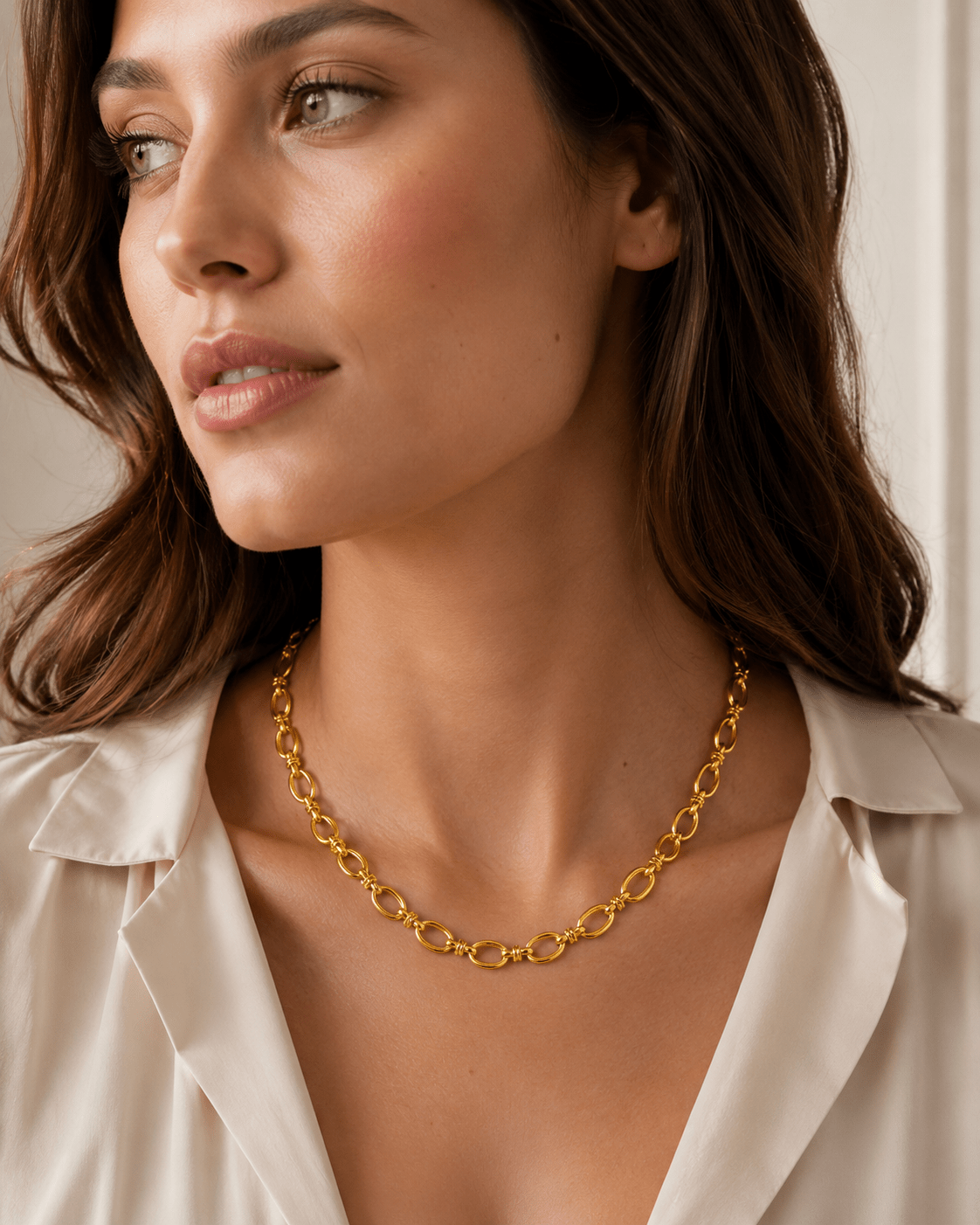A woman wearing the Talia Gold Chunky Oval Link Necklace.