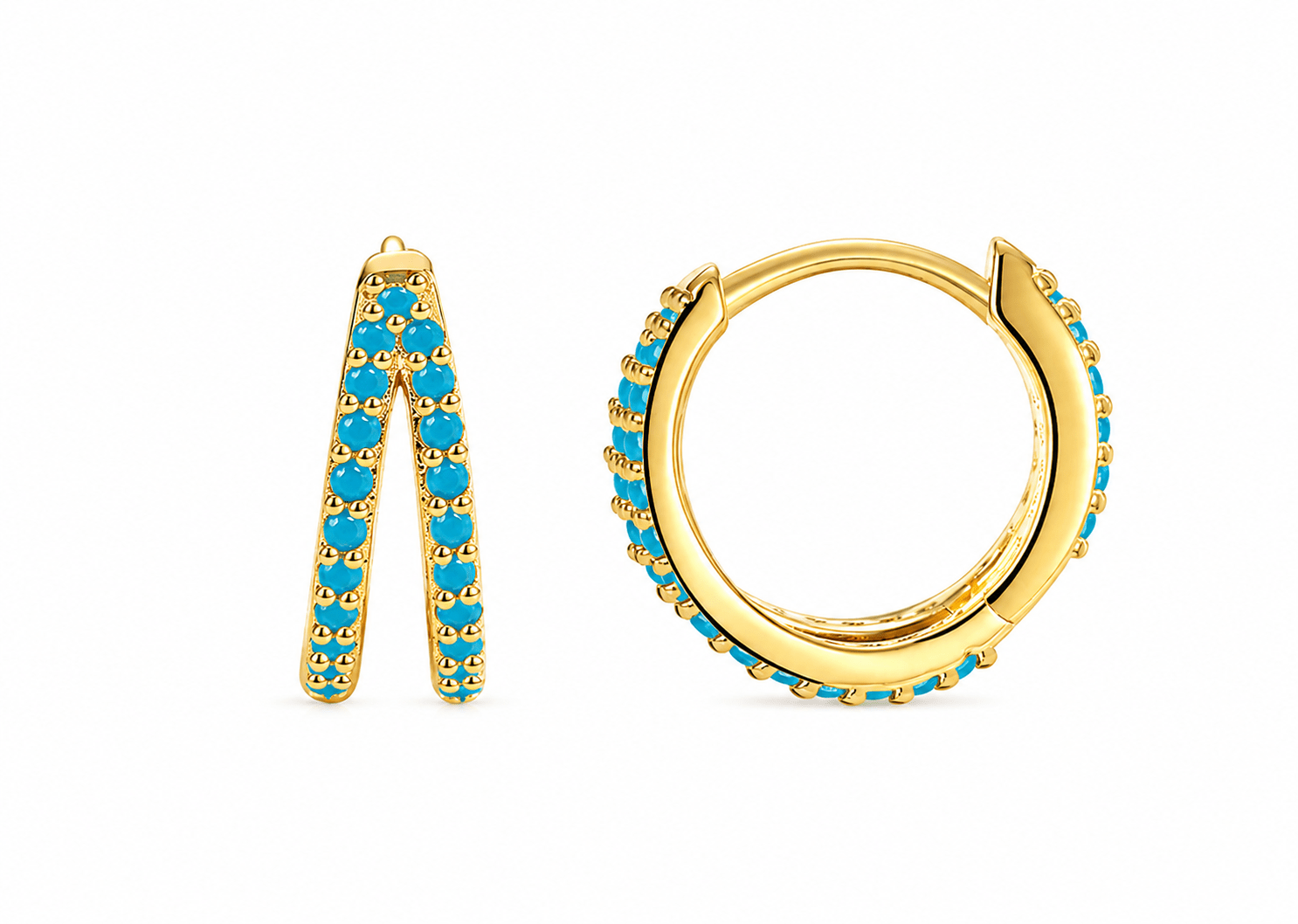 Marina gold hoop earrings with aqua cubic zirconia bar accent, front view