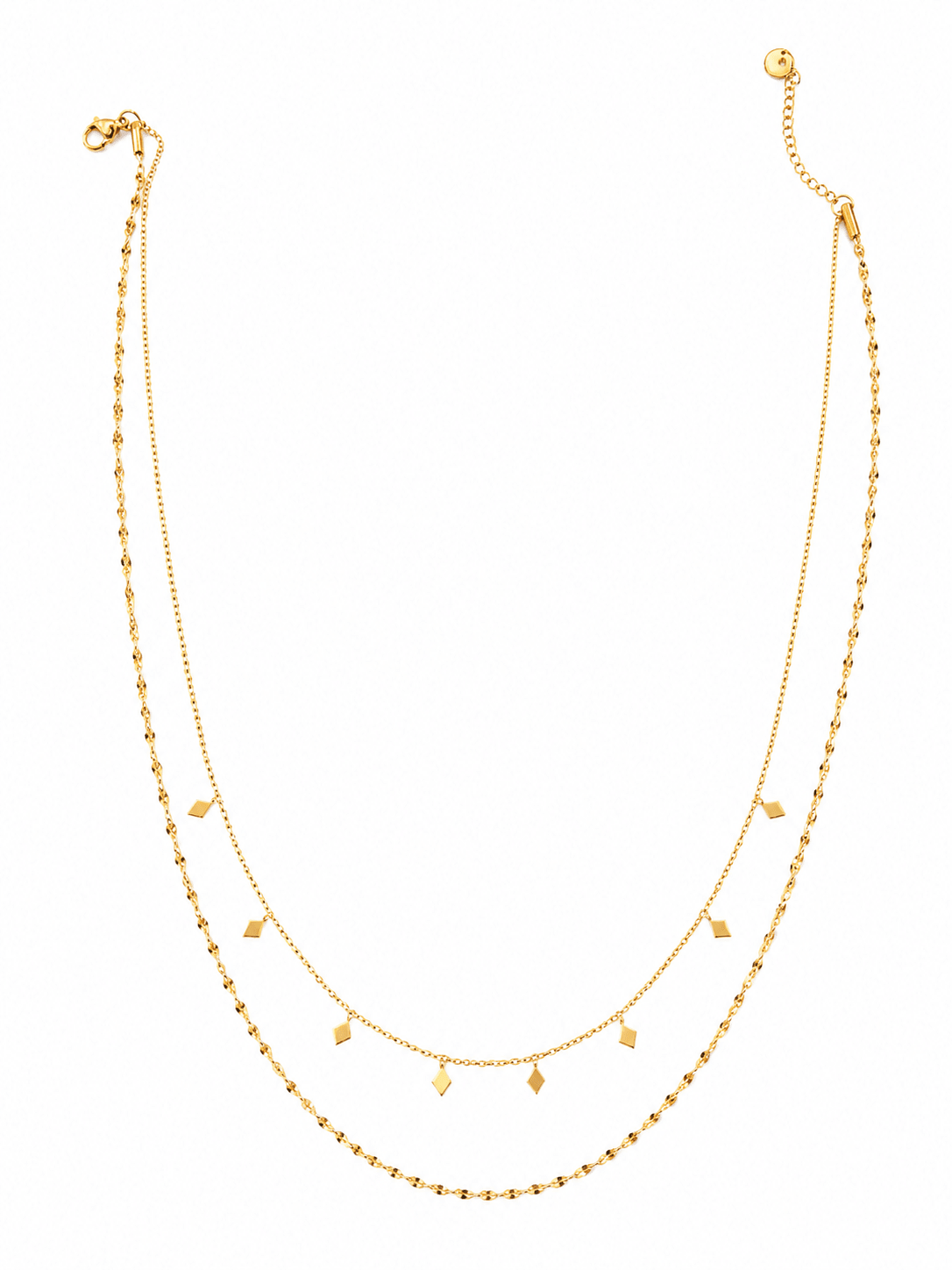 Nola Gold Layered Station Necklace with kite-shaped charms on white background.