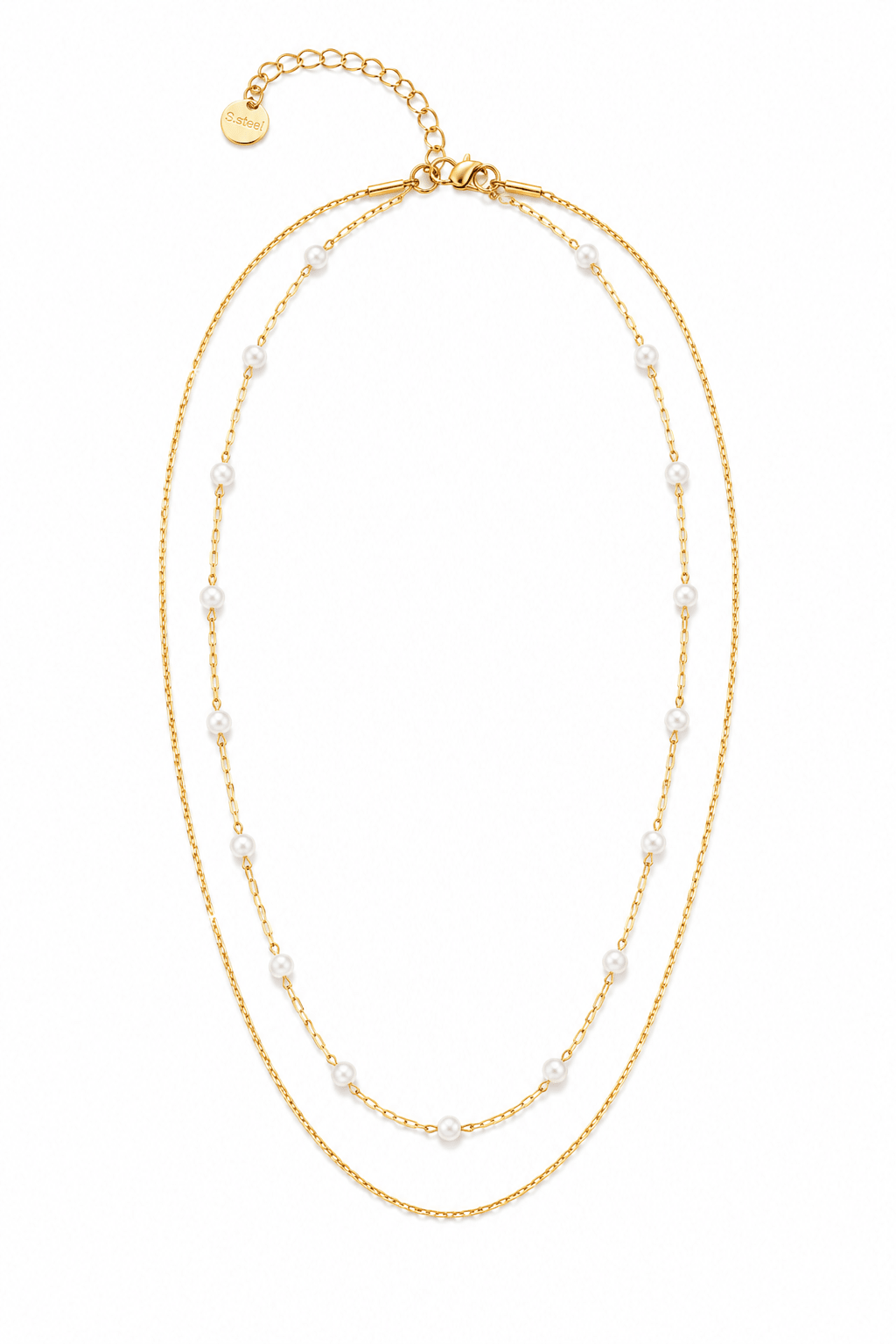 Elodie Gold Pearl Station Necklace, two-strand layered chain with pearl stations