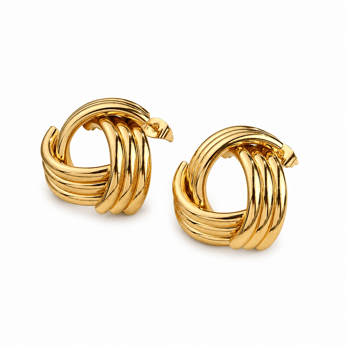 Genevieve Gold Ribbed Knot Earrings, product shot on white background.
