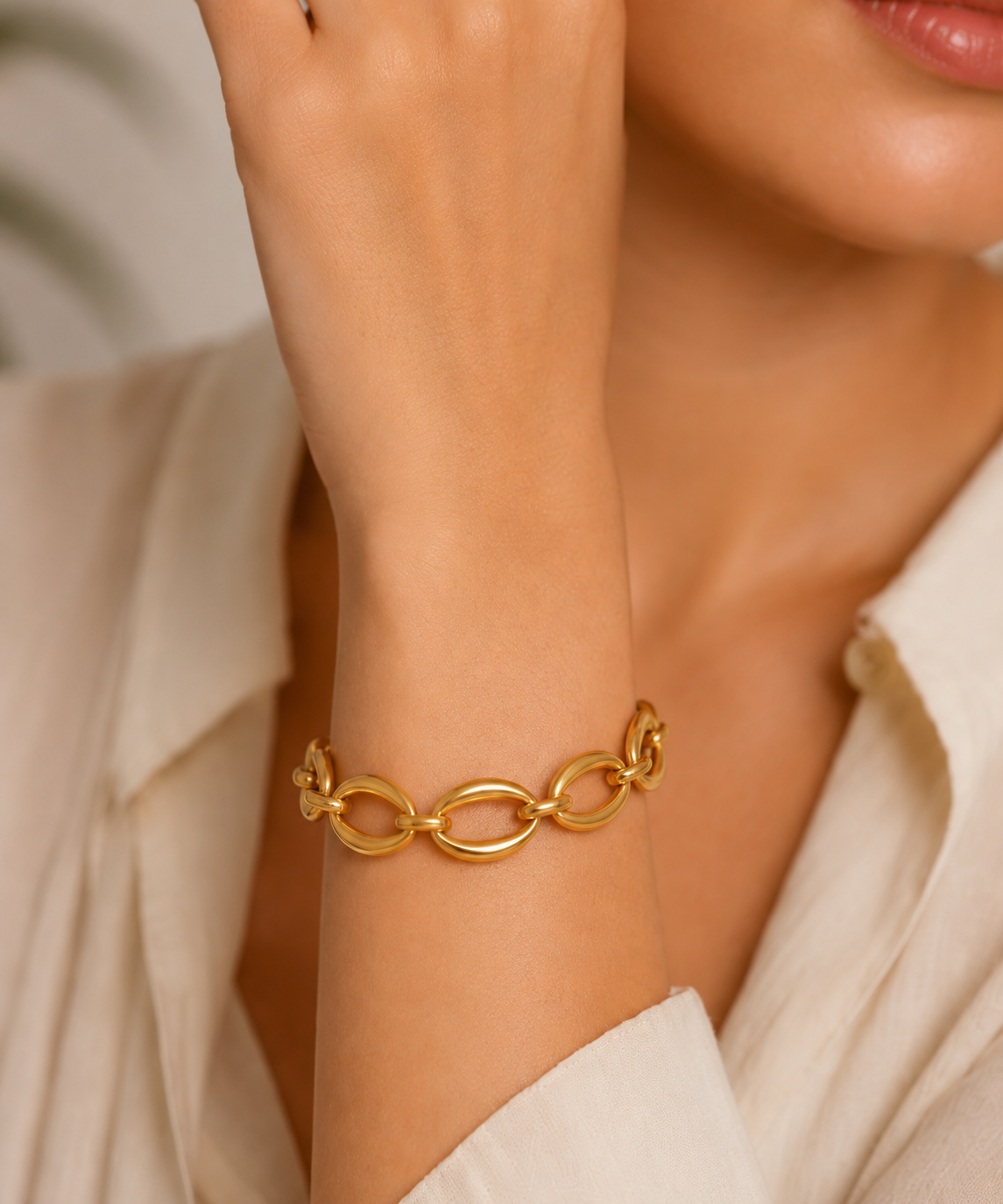 Greta Gold Oval Link Chain Bracelet, styled