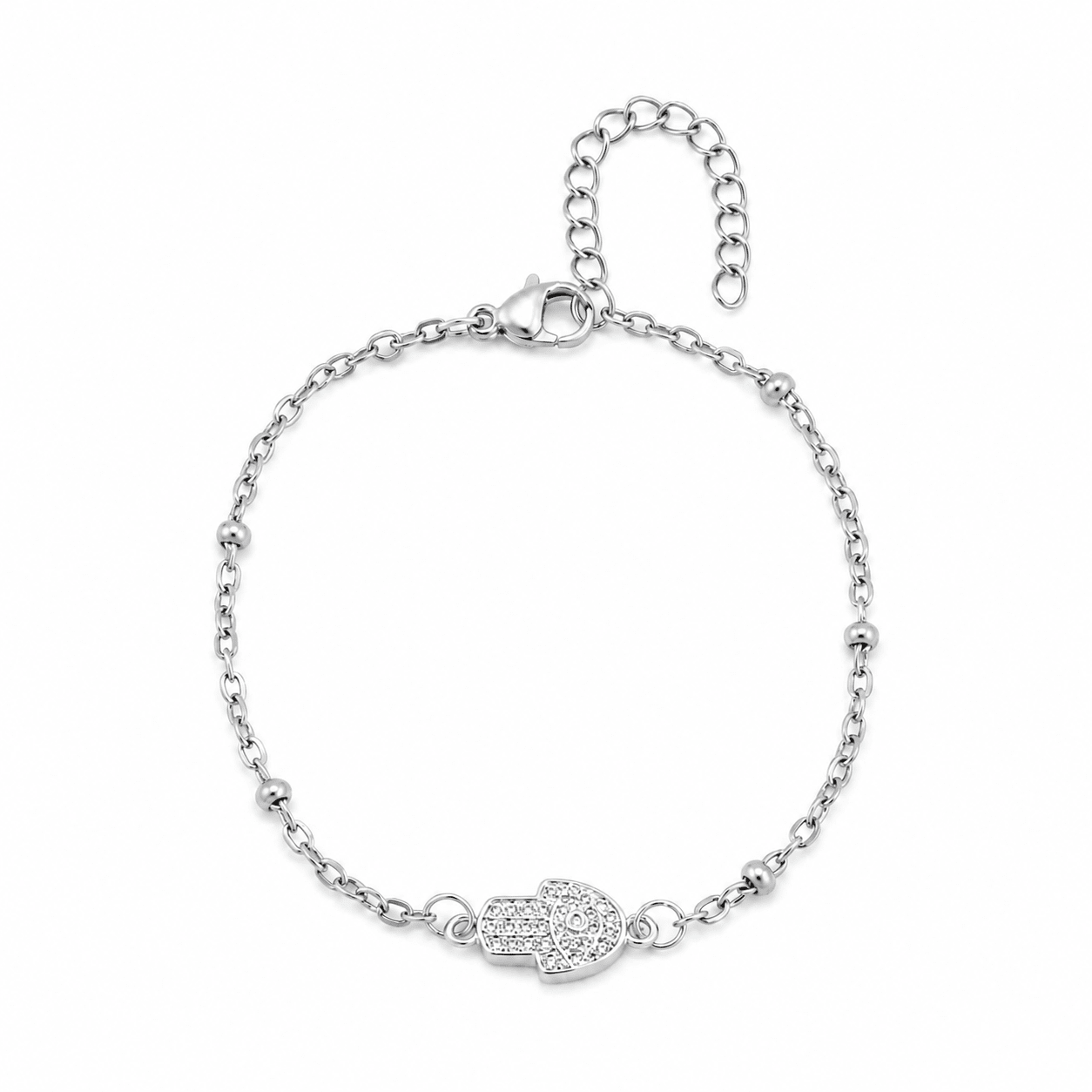 Woman wearing the Ruby gold Hamsa charm bracelet